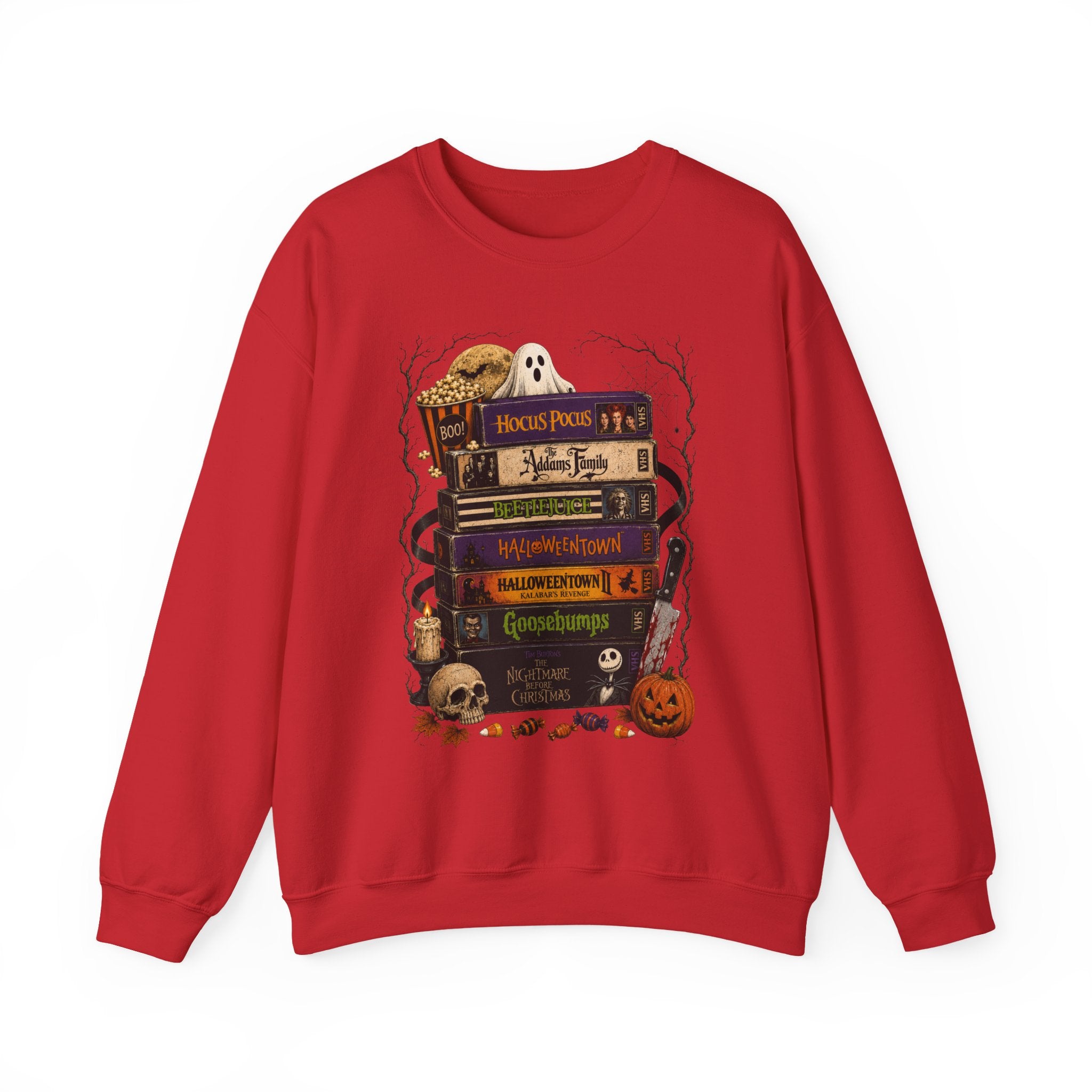 Halloween Book Stack Crewneck Sweatshirt — Spooky Classics Stack with Pumpkin & Skulls