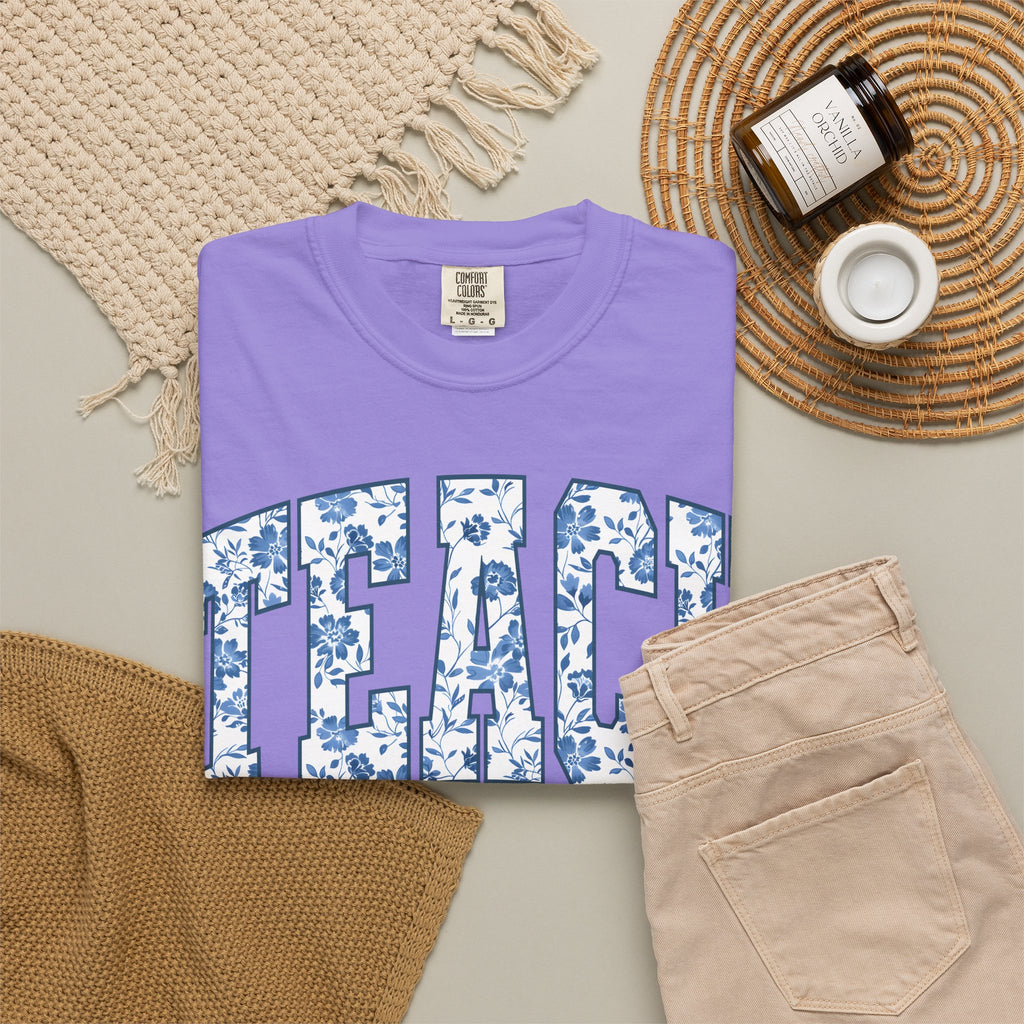 Teacher Floral Arch T-Shirt — 'TEACH' Blue Floral Print Tee