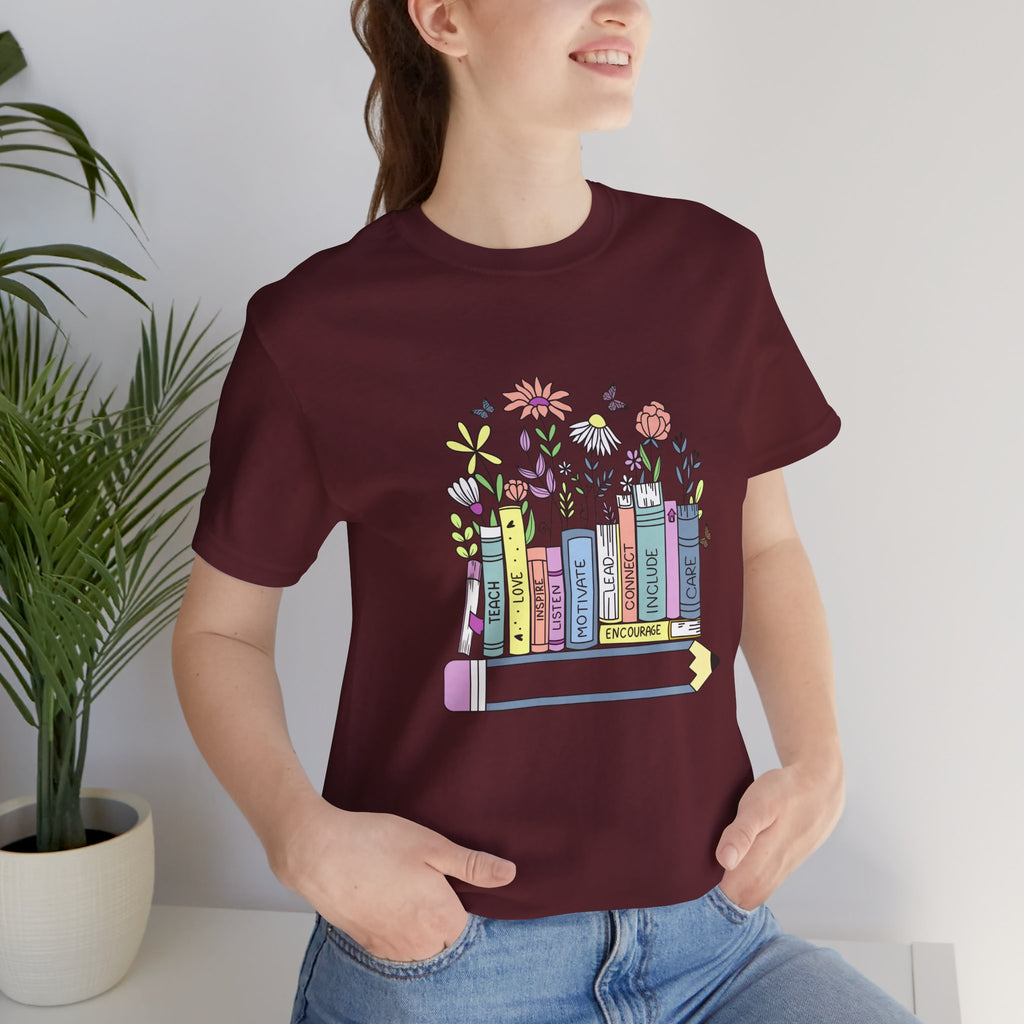 Book Lover T‑Shirt — Teacher Floral Books & Pencil Illustration Tee