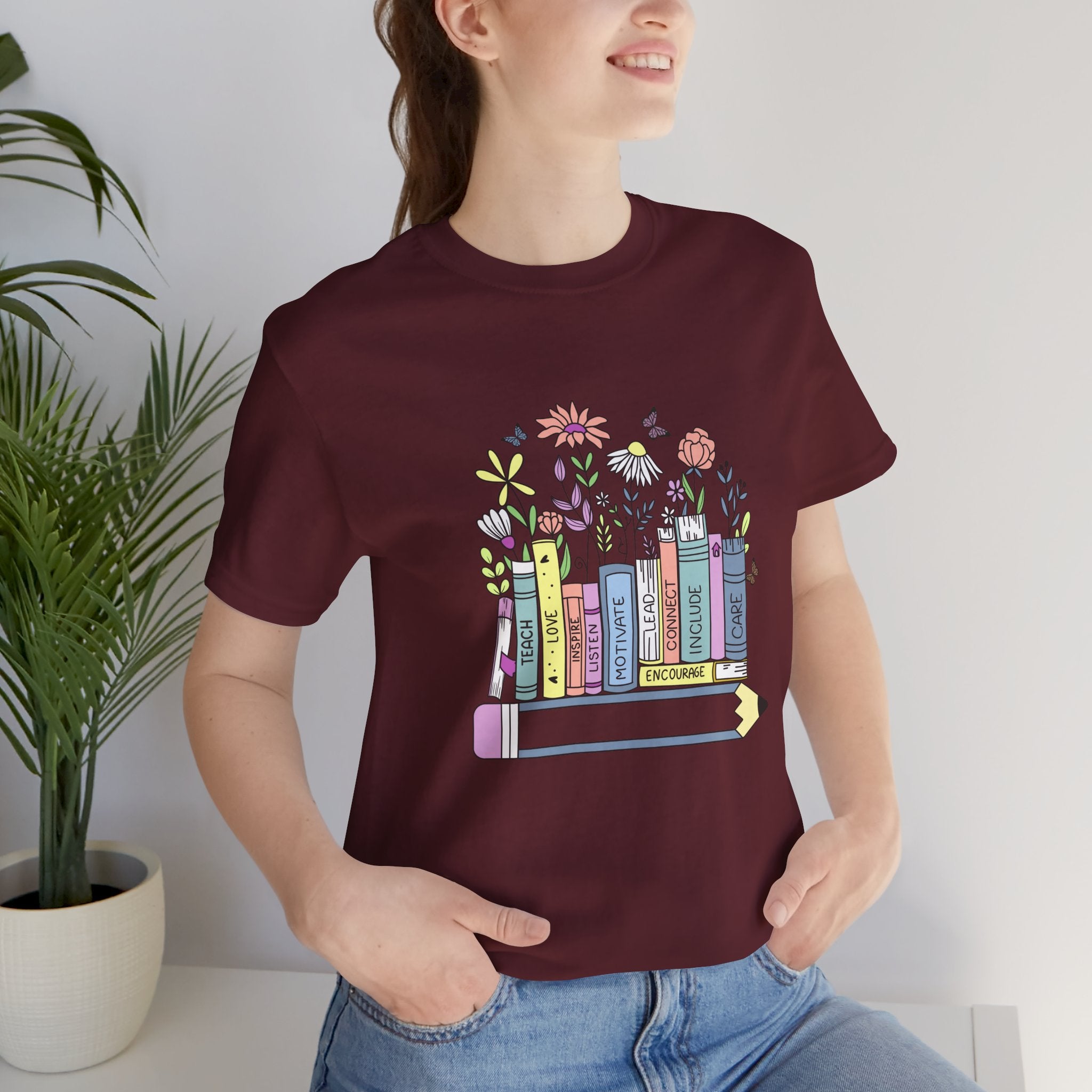 Book Lover T‑Shirt — Teacher Floral Books & Pencil Illustration Tee