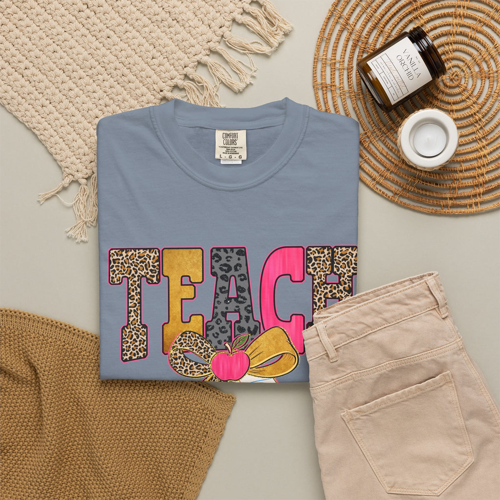 Teacher Graphic Tee — 'TEACH' Leopard Print Pencil Bow Design