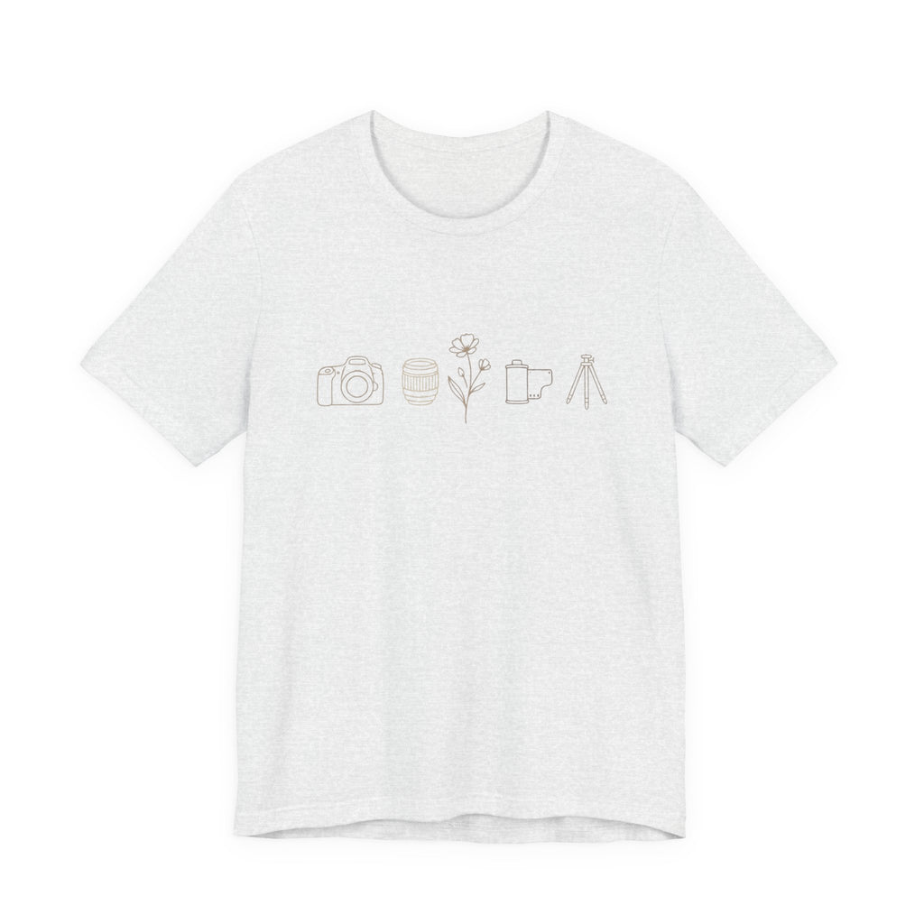 Photography Icons Tee — Minimal Camera, Film, Flower & Tripod Graphic Shirt
