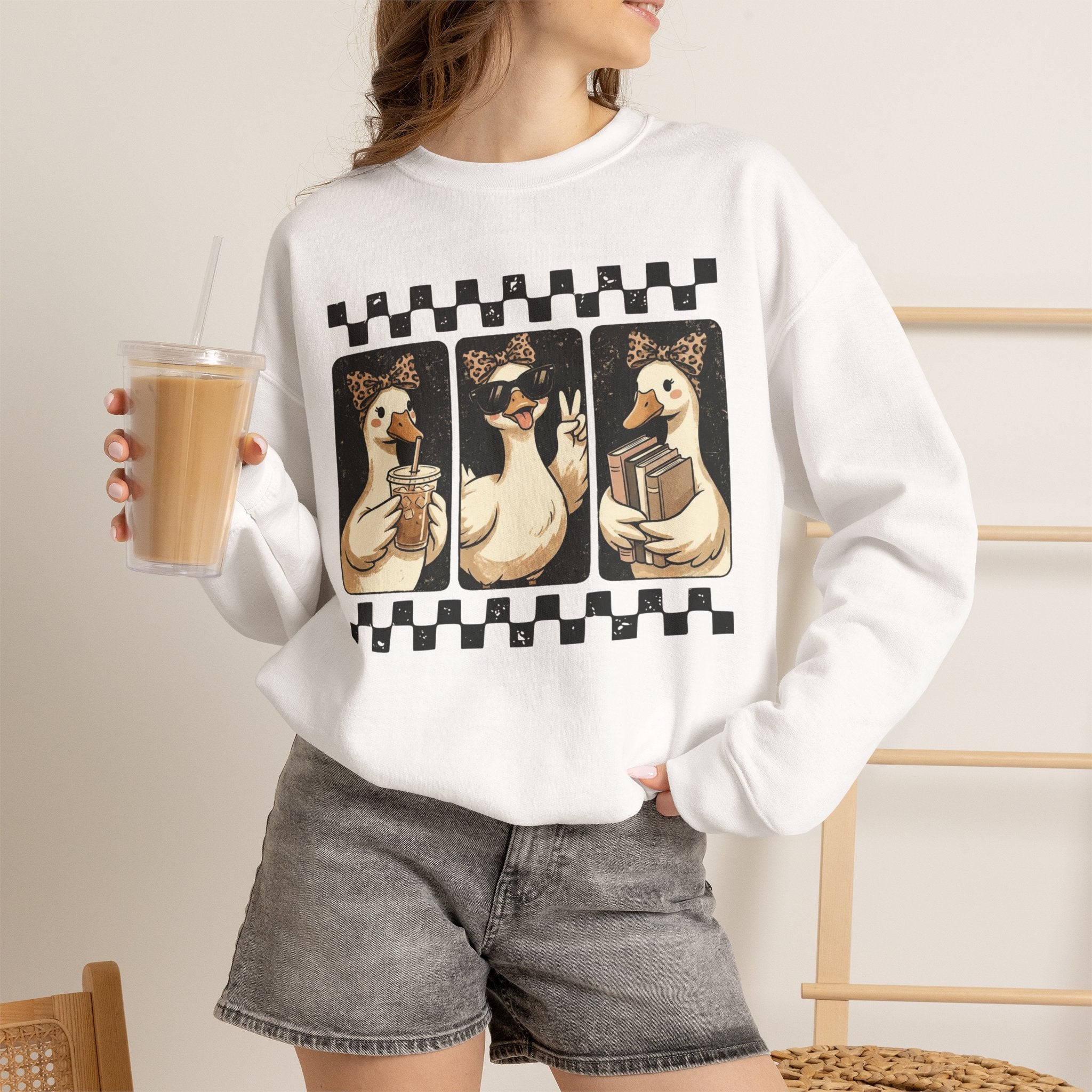 Duck Trio Crewneck Sweatshirt — Vintage Checkered Retro Goose Illustration