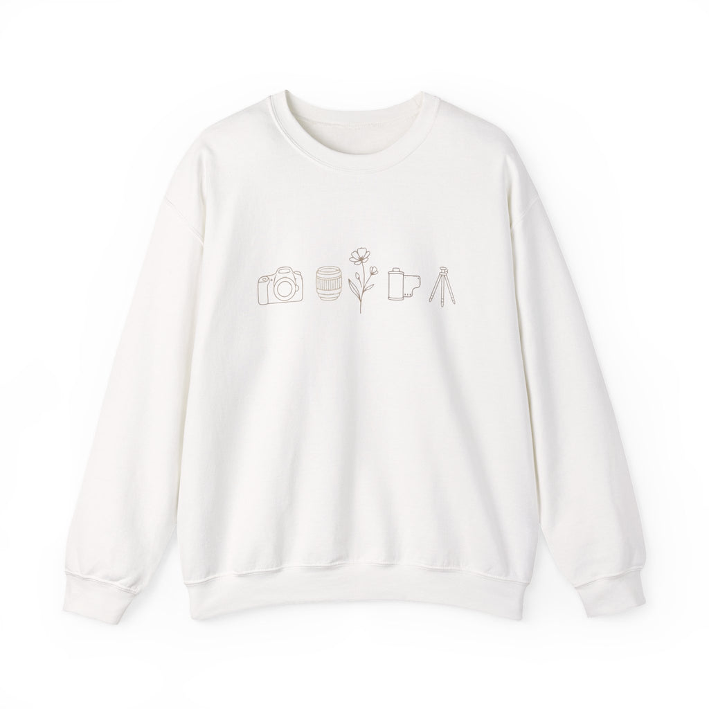 Photography Icons Crewneck Sweatshirt — Minimal Camera, Lens, Film & Tripod Design