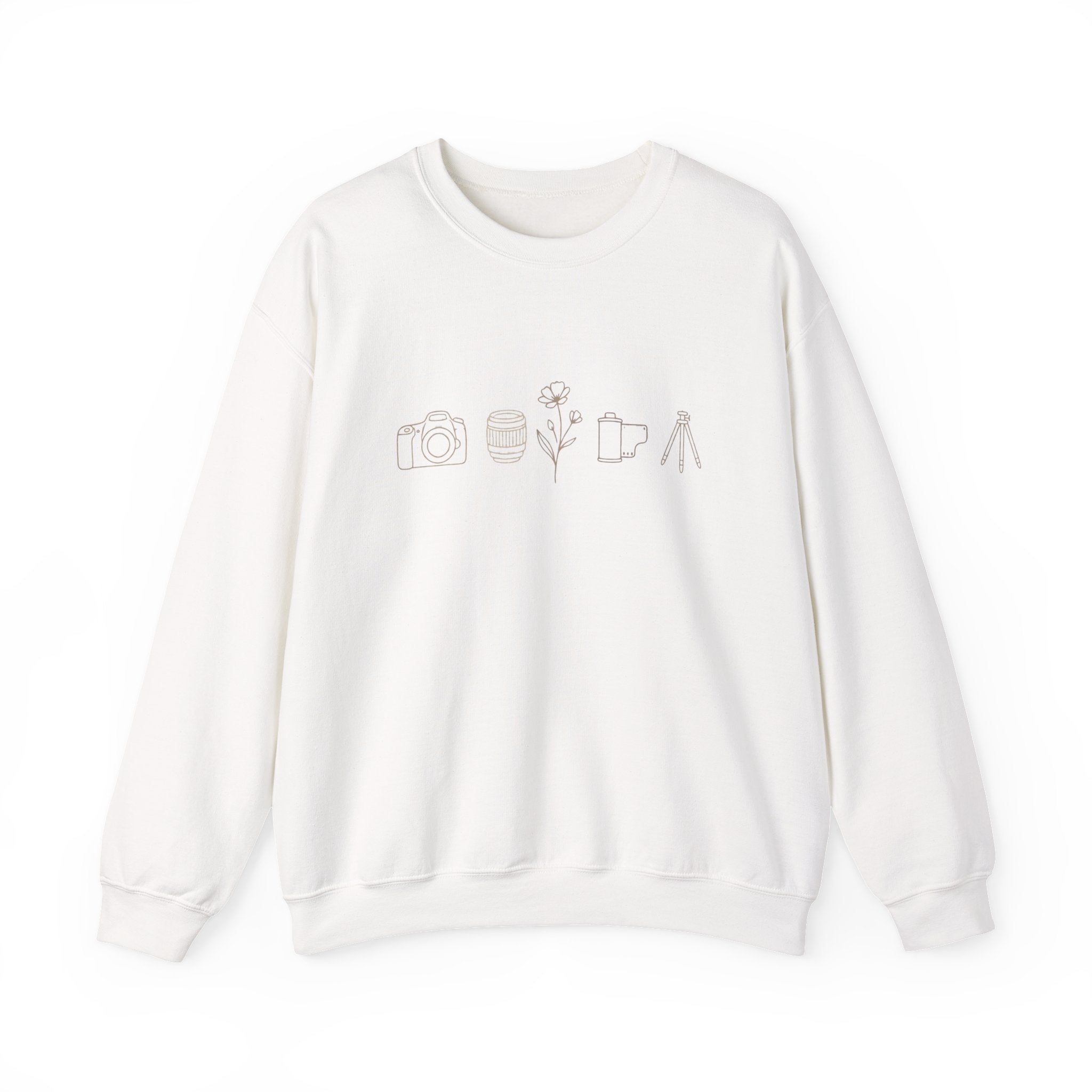 Photography Icons Crewneck Sweatshirt — Minimal Camera, Lens, Film & Tripod Design