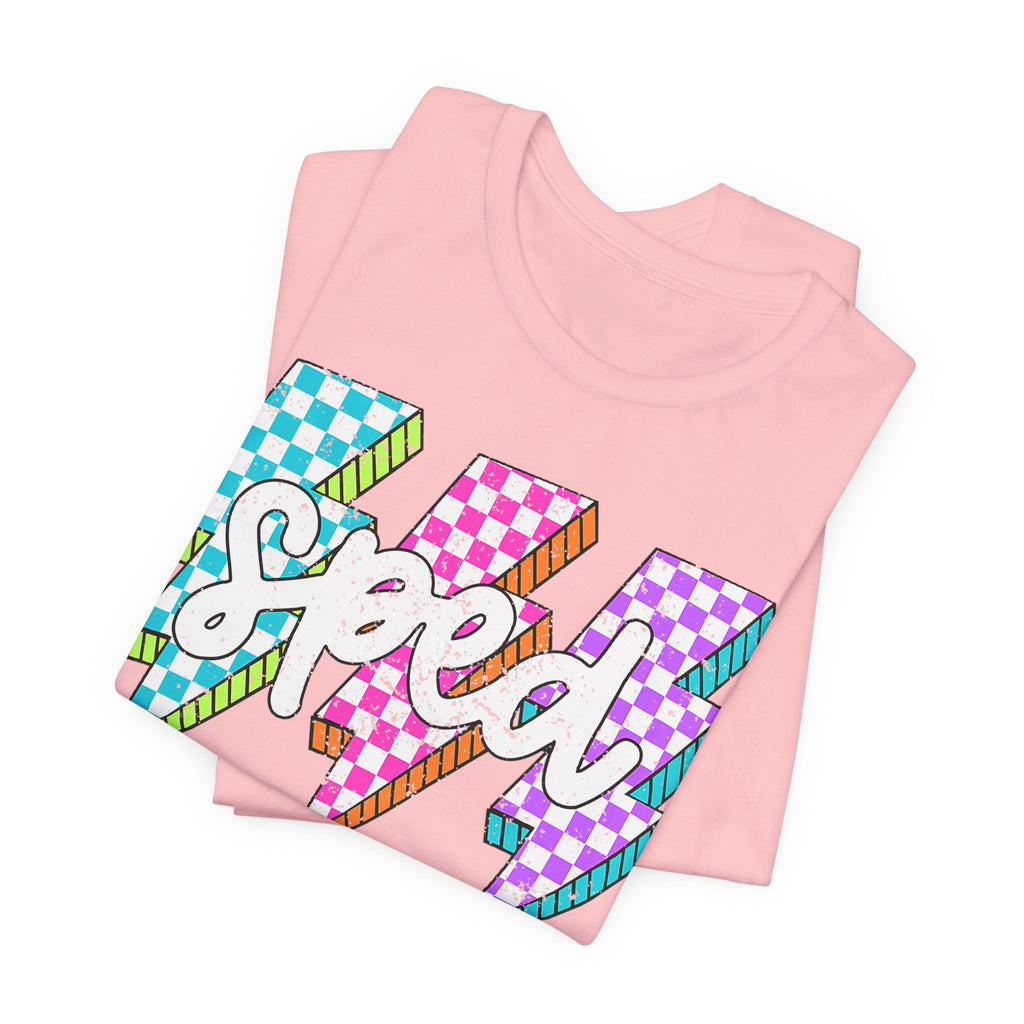 Speed Lightning Tee — Retro Checkerboard Bolt Graphic T-Shirt