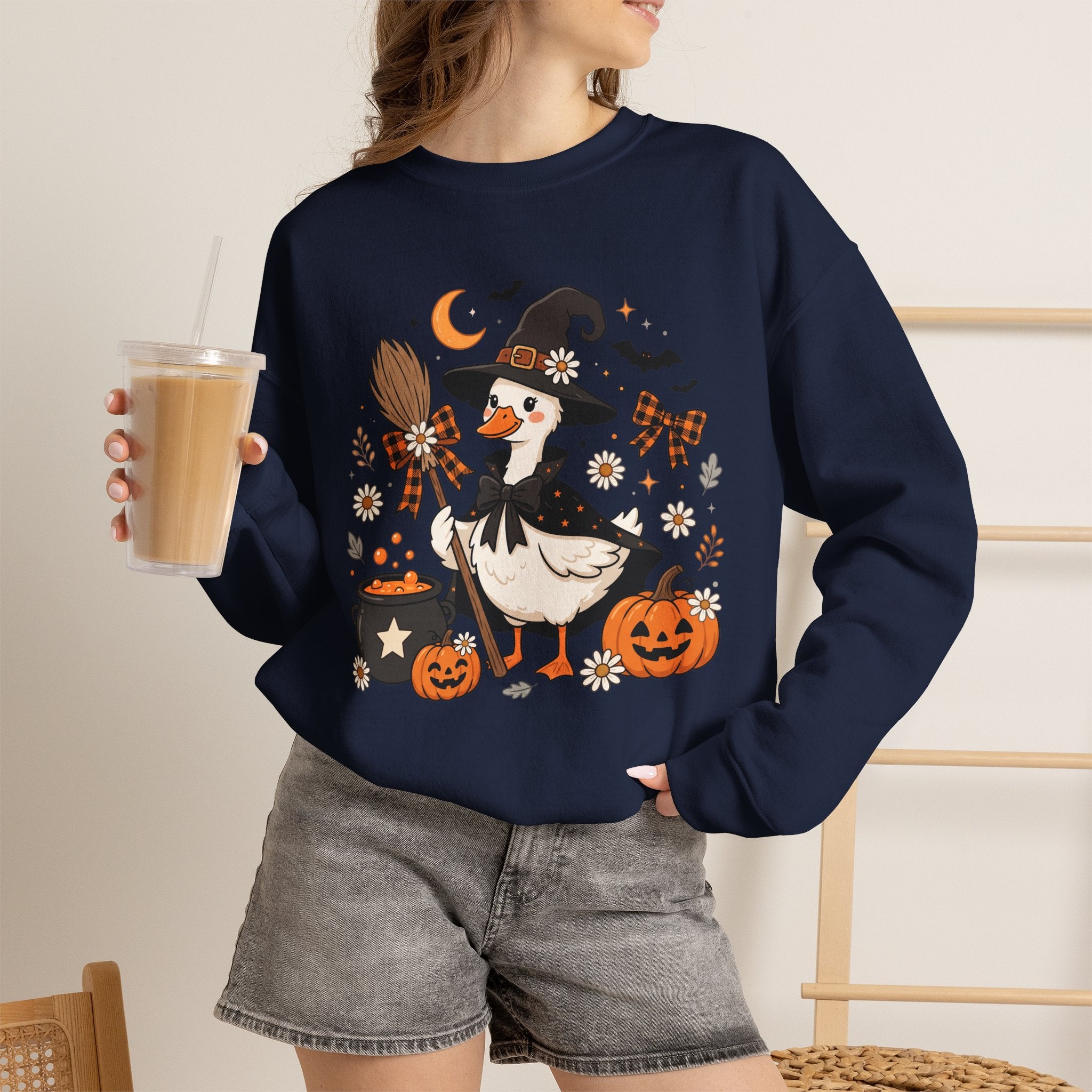 Halloween Duck Witch Crewneck Sweatshirt — Cute Pumpkin & Cauldron Graphic