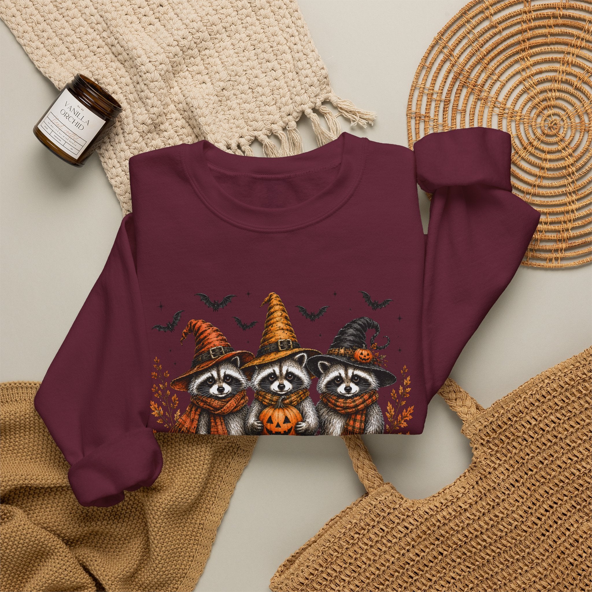 Halloween Raccoon Crewneck Sweatshirt — Cute Witch Hats & Pumpkin Design