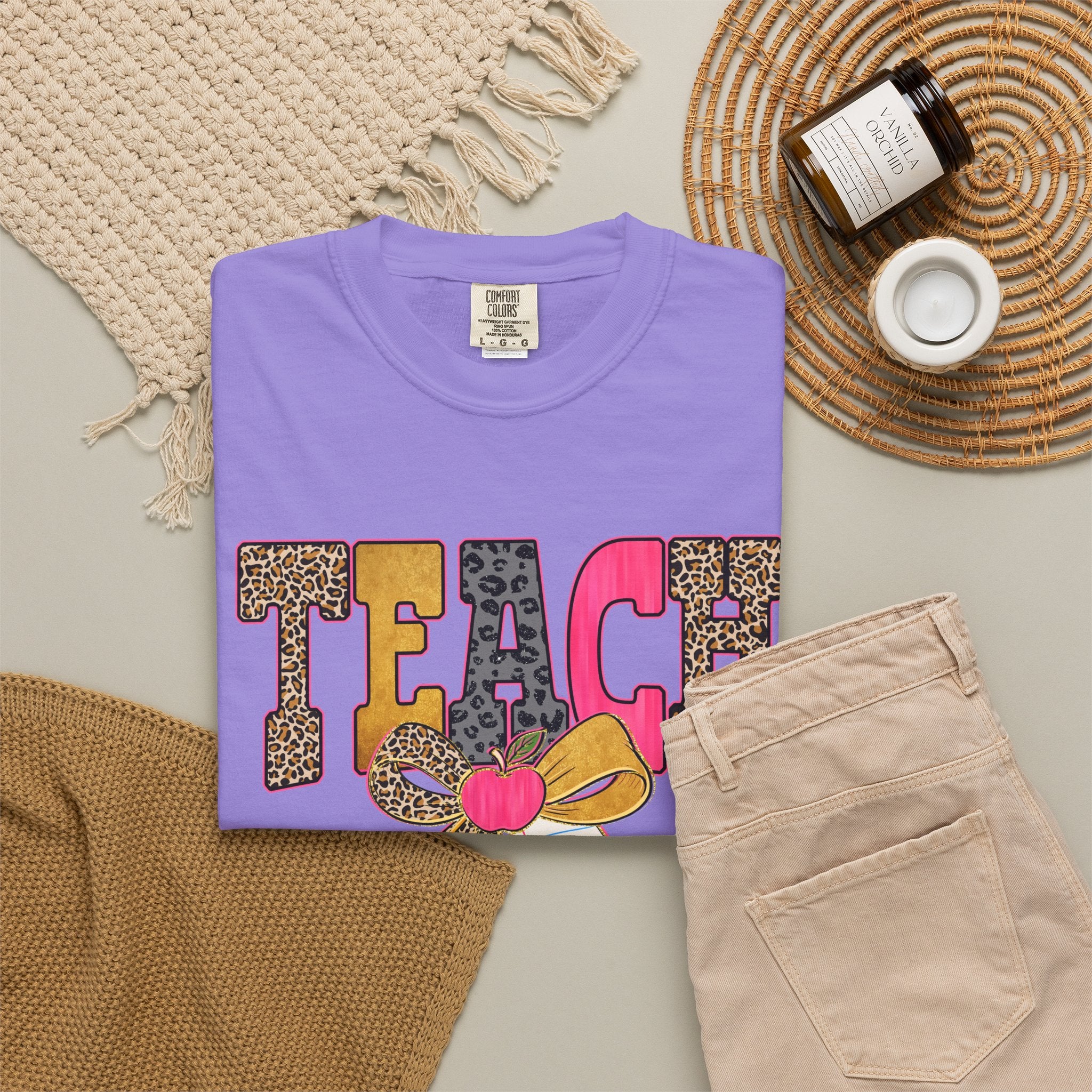 Teacher Graphic Tee — 'TEACH' Leopard Print Pencil Bow Design