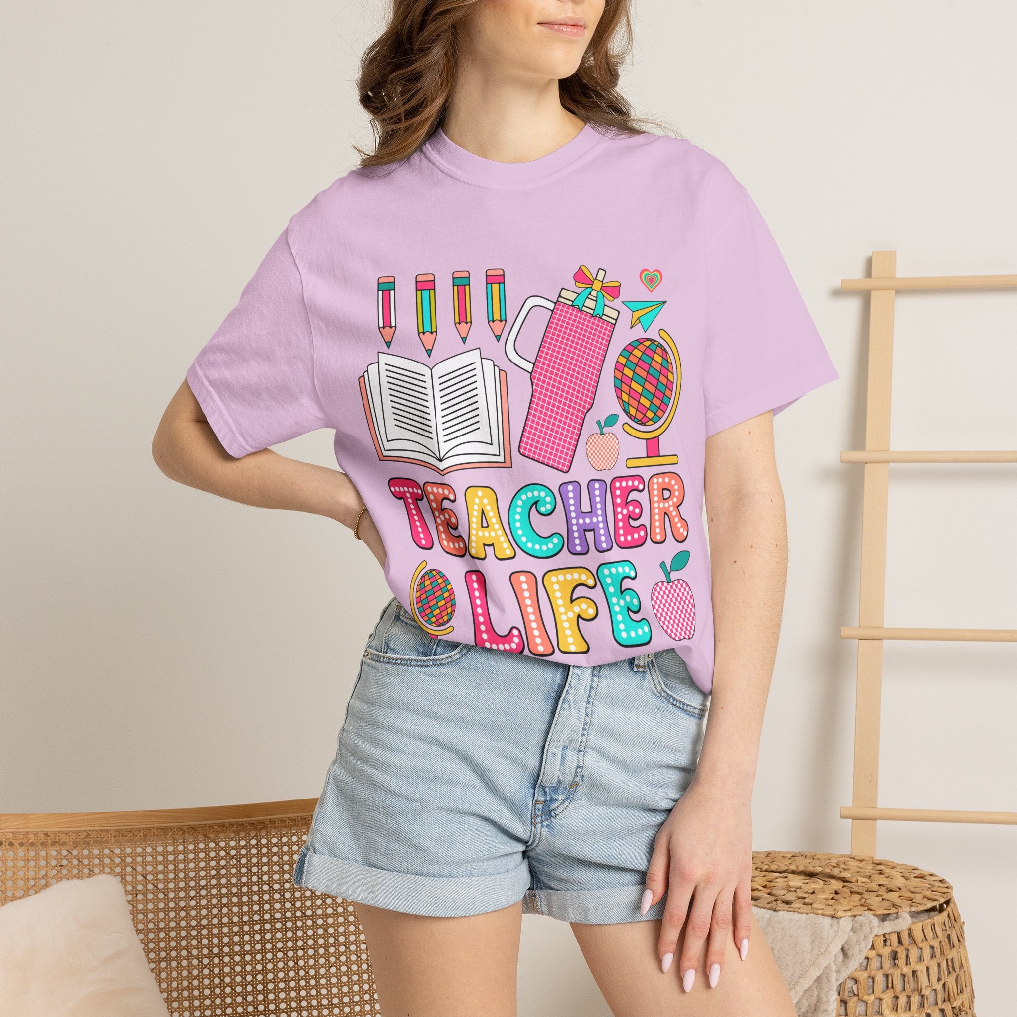 Teacher Life T-Shirt — Colorful School Supplies Graphic Tee