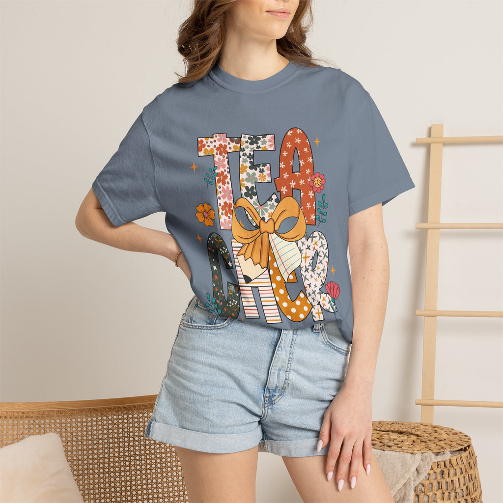 Teacher Graphic T-Shirt — Floral "Teacher" Design with Ribbon