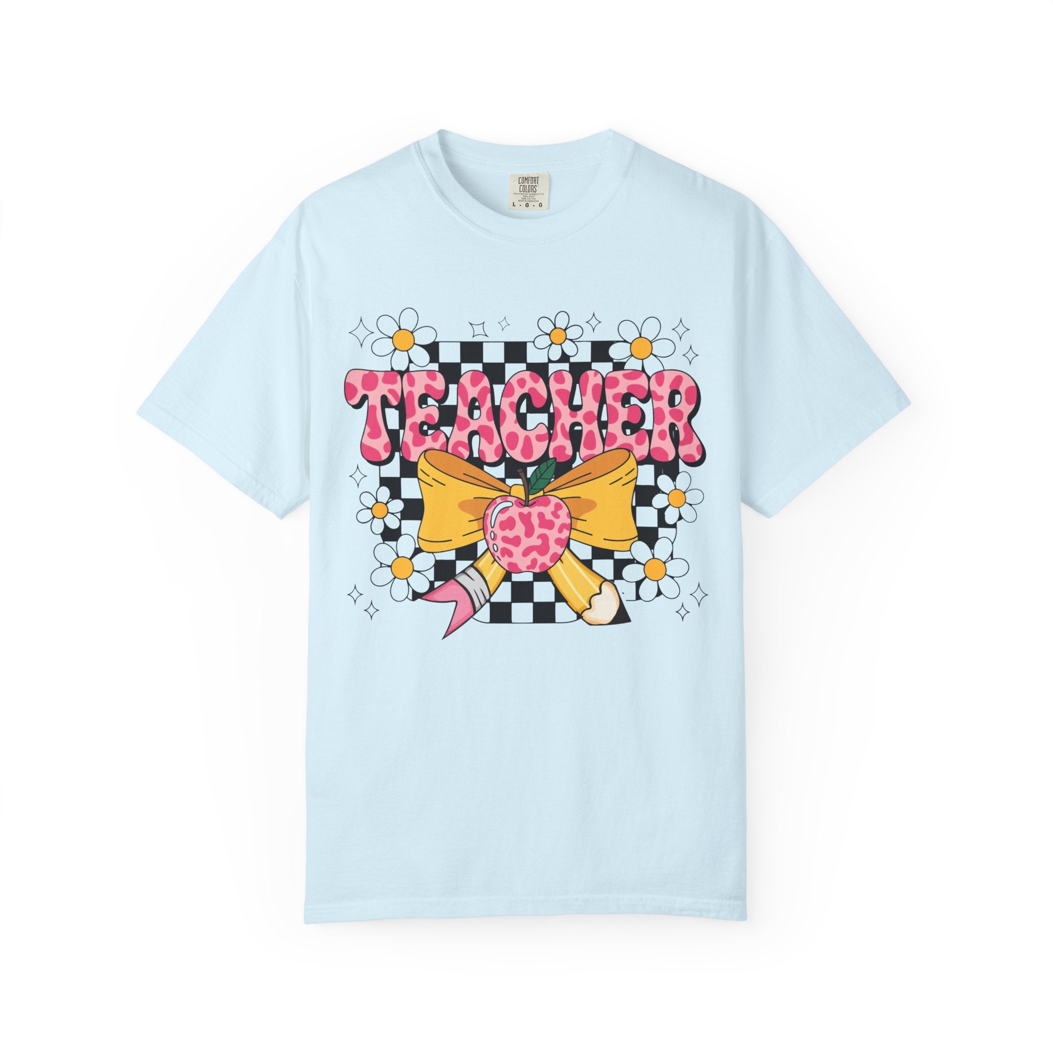Teacher Floral Bow T‑Shirt — Cute Checkerboard & Heart Design for Educators