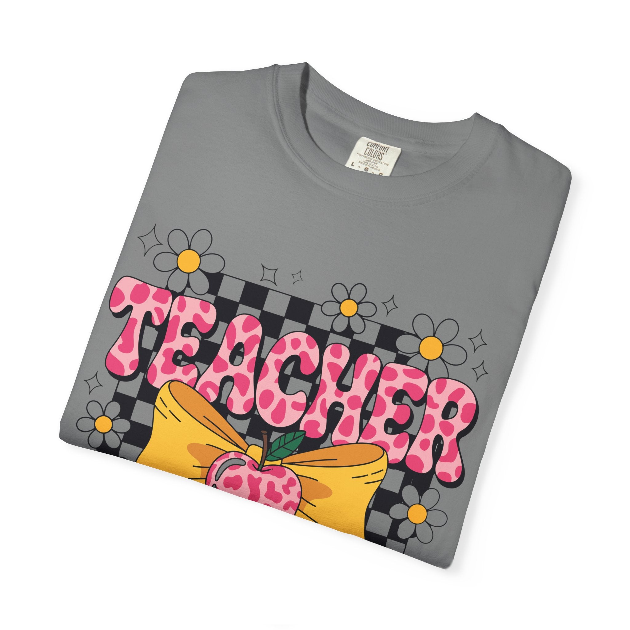 Teacher Floral Bow T‑Shirt — Cute Checkerboard & Heart Design for Educators