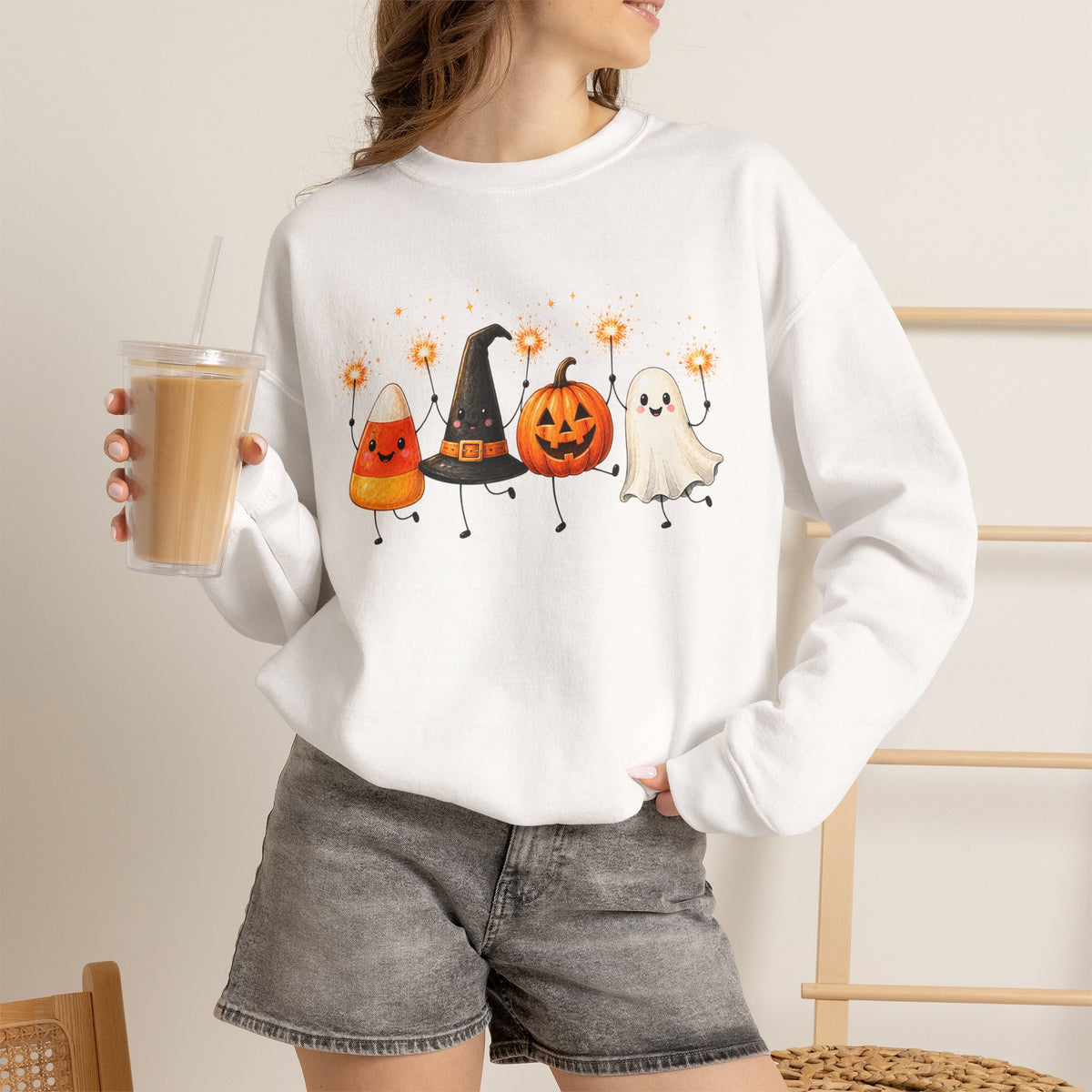 Halloween Friends Crewneck Sweatshirt — Cute Candy Corn, Witch Hat, Jack-o'-Lantern & Ghost Design