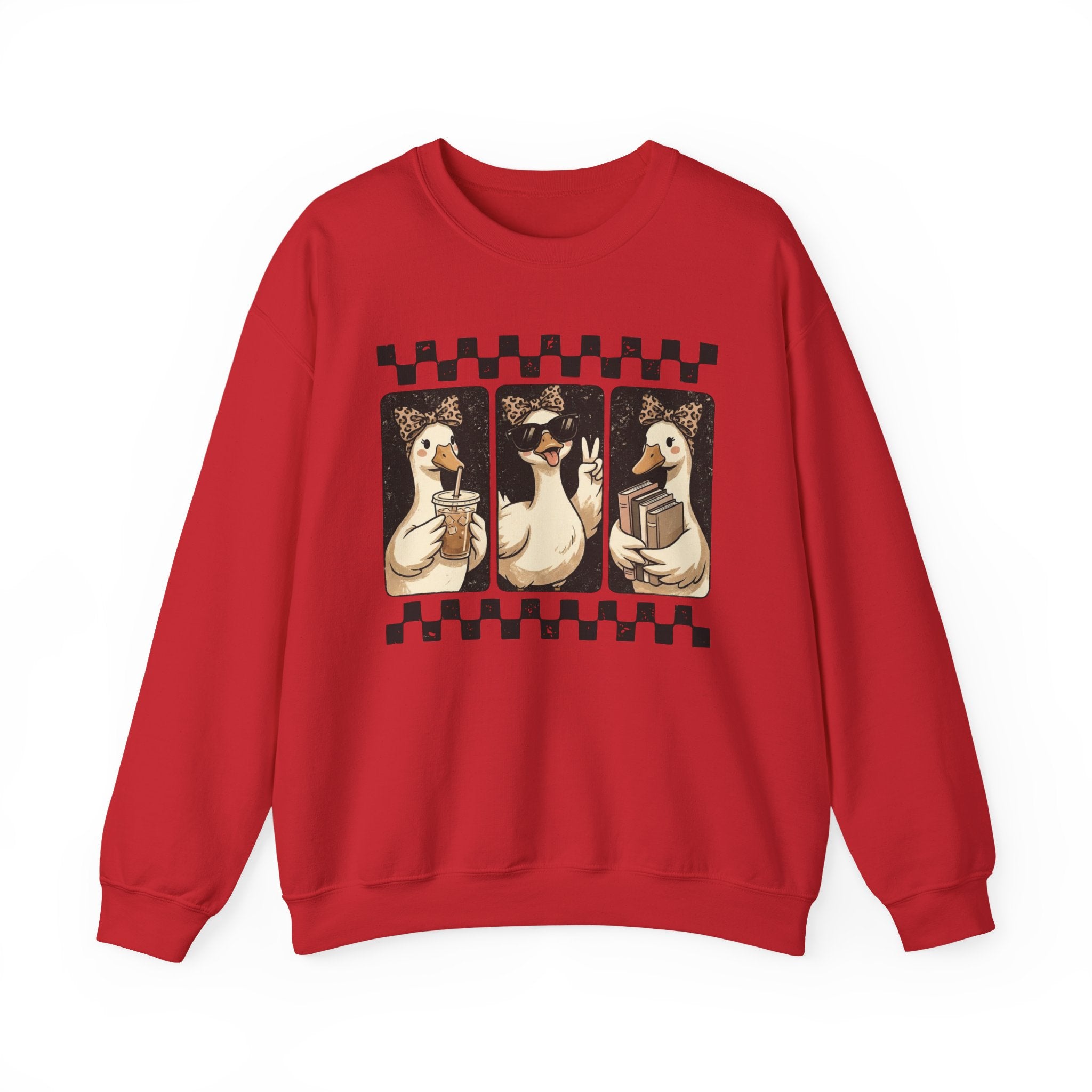 Duck Trio Crewneck Sweatshirt — Vintage Checkered Retro Goose Illustration
