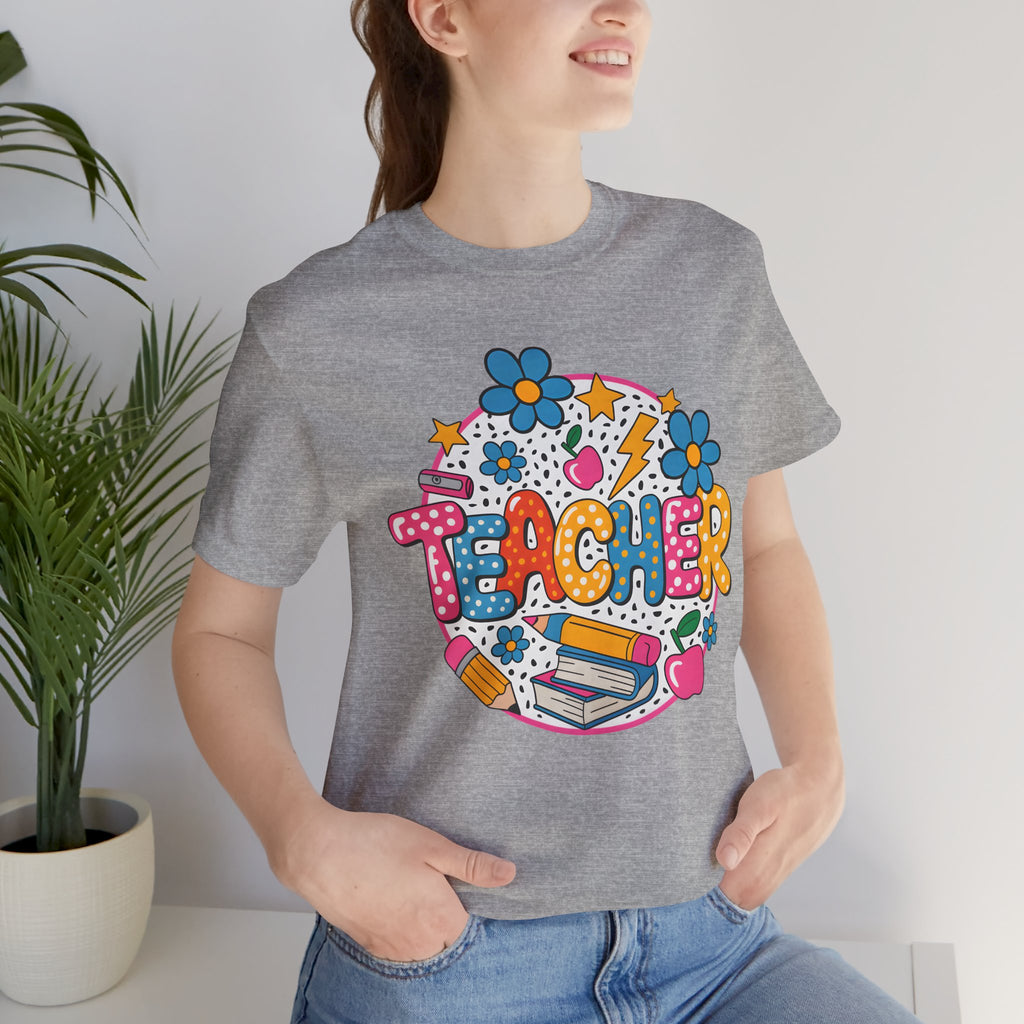 Teacher Doodle Graphic Tee — Colorful School Supplies Design