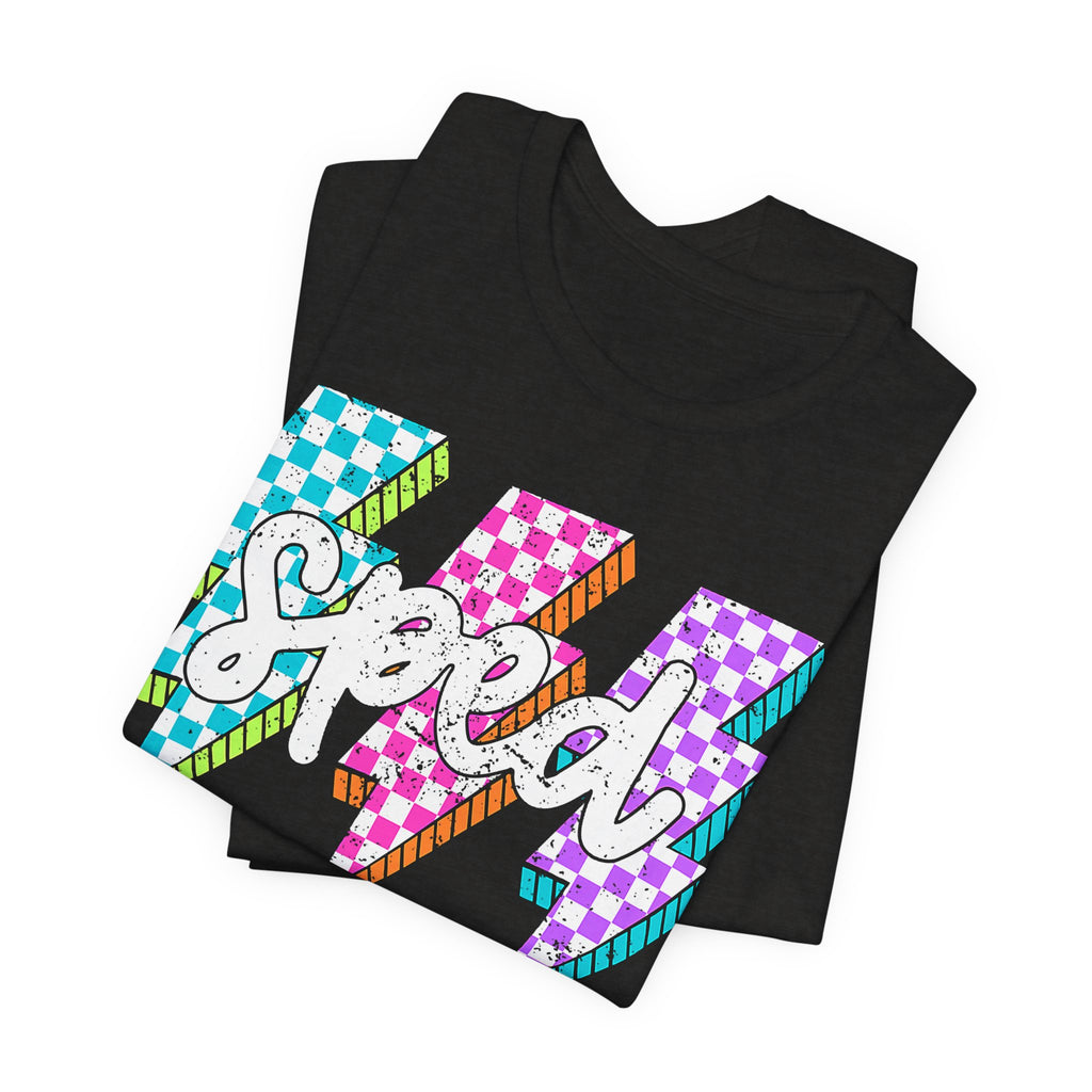Speed Lightning Tee — Retro Checkerboard Bolt Graphic T-Shirt