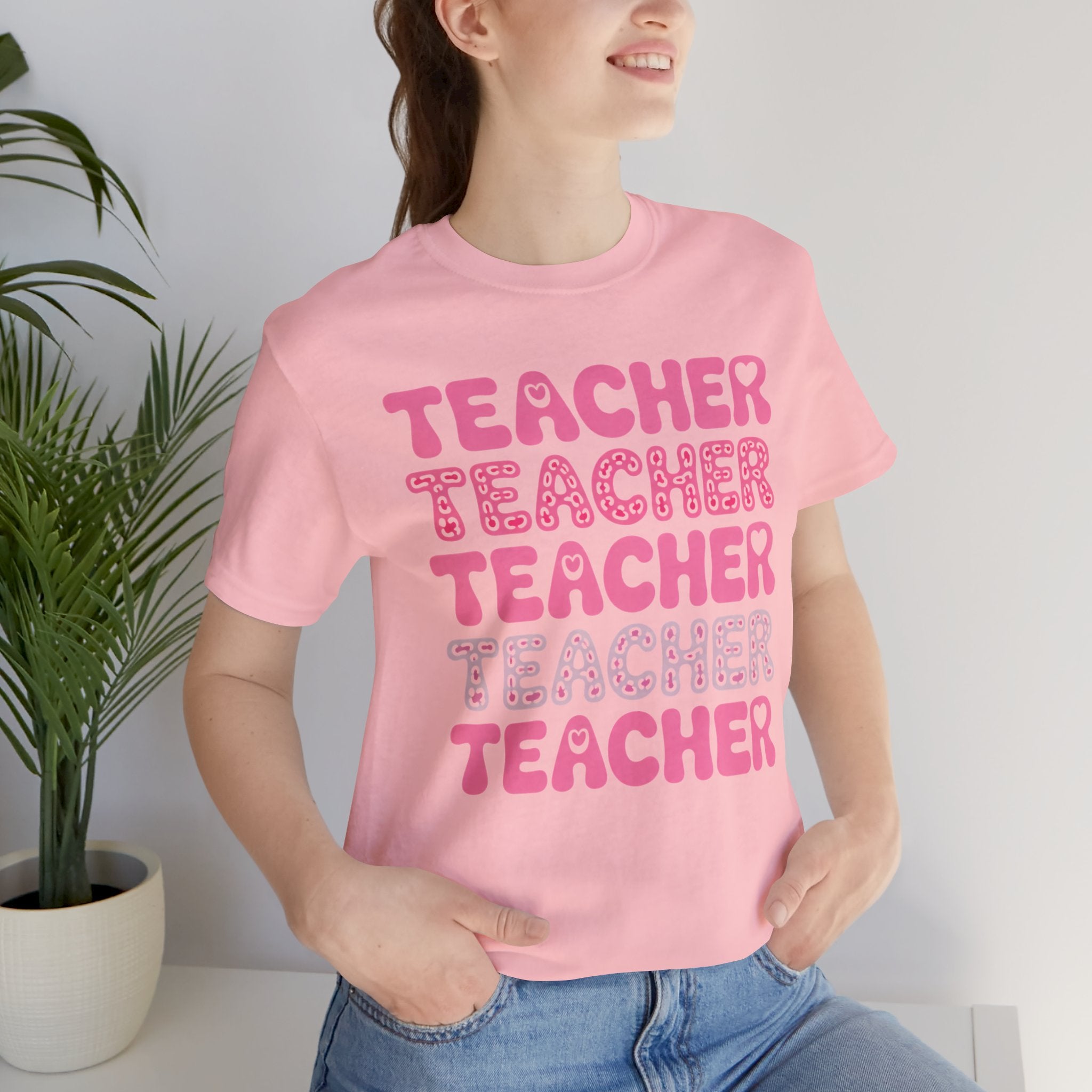 Teacher Repeating Pink Typography T‑Shirt