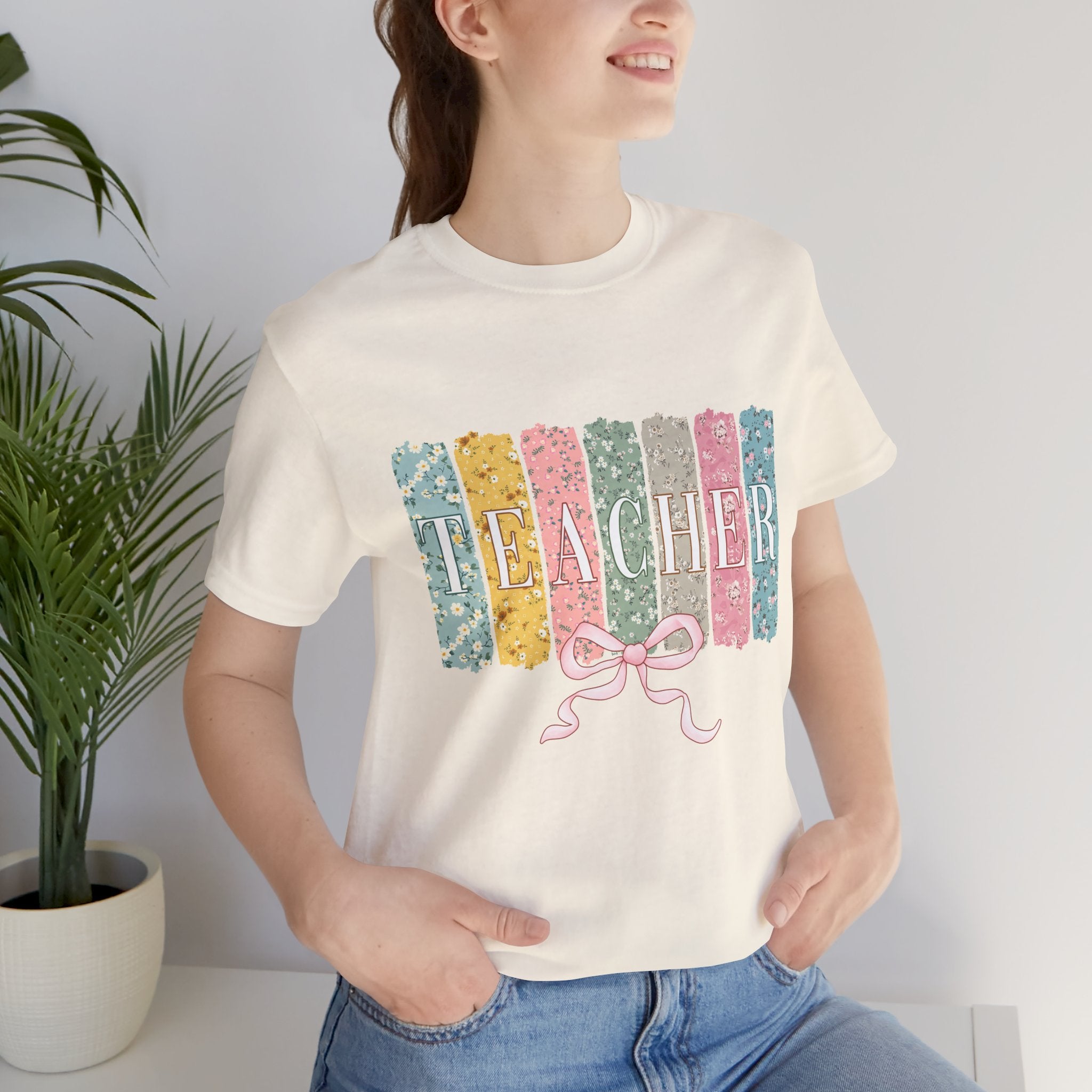 Teacher Floral Stripe T-Shirt - Pastel Ribbon Classroom Gift