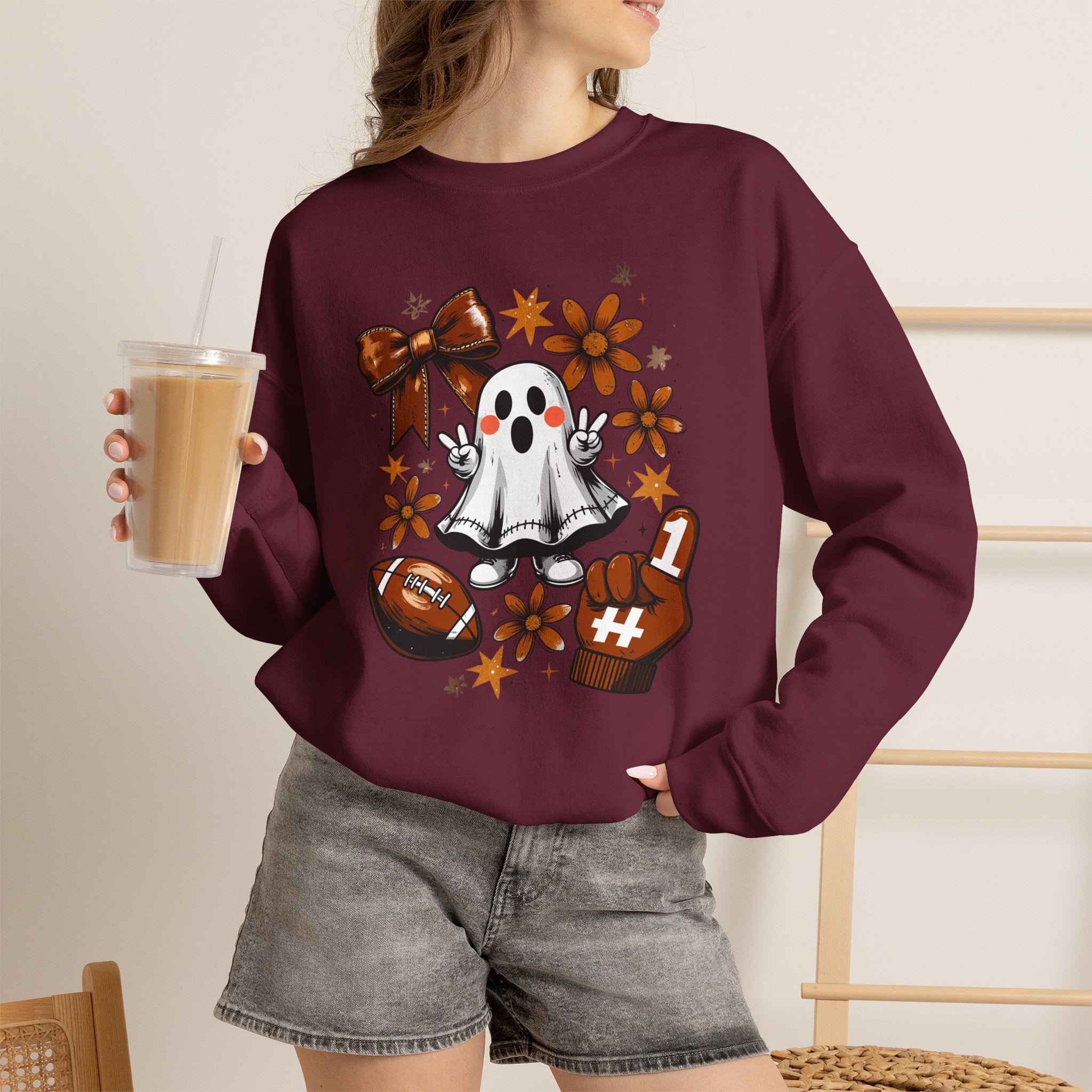 Football Ghost Crewneck Sweatshirt – Cute Spooky Game Day Design