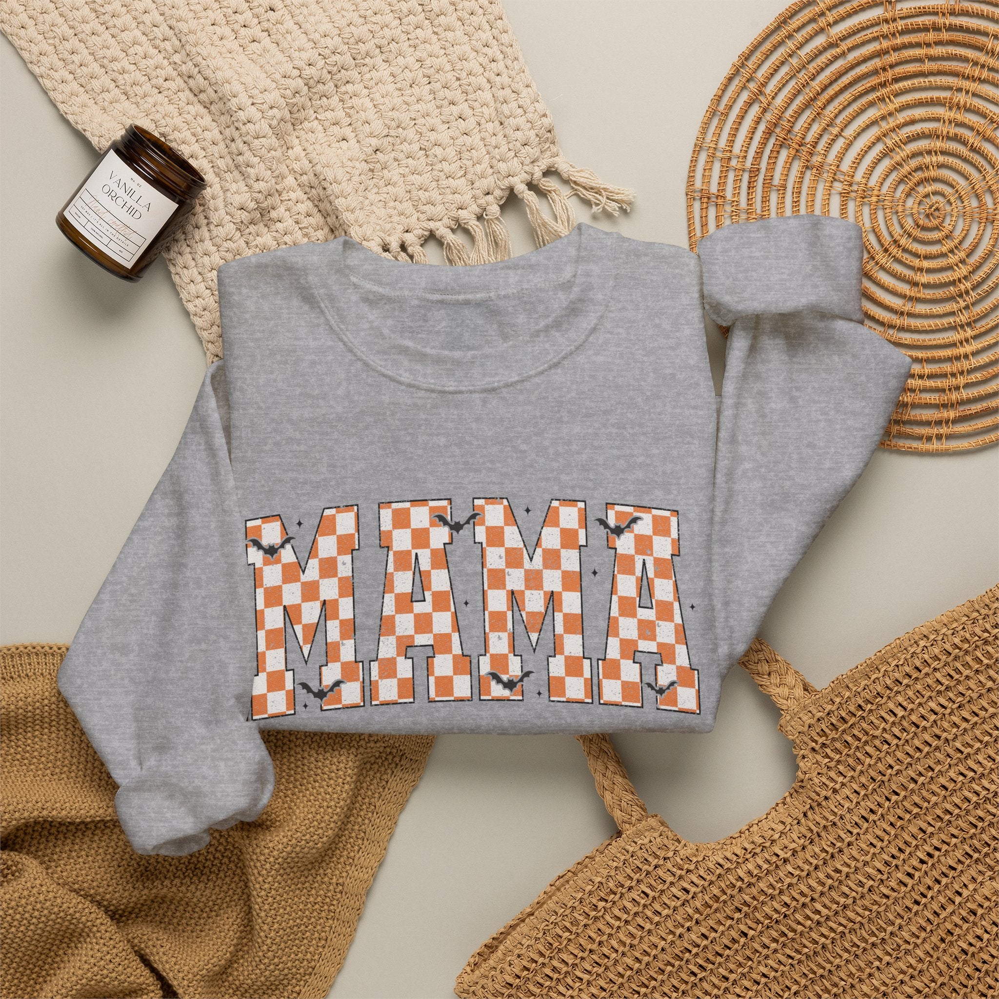 Mama Checkerboard Halloween Sweatshirt – Retro Orange Plaid Mama Pullover
