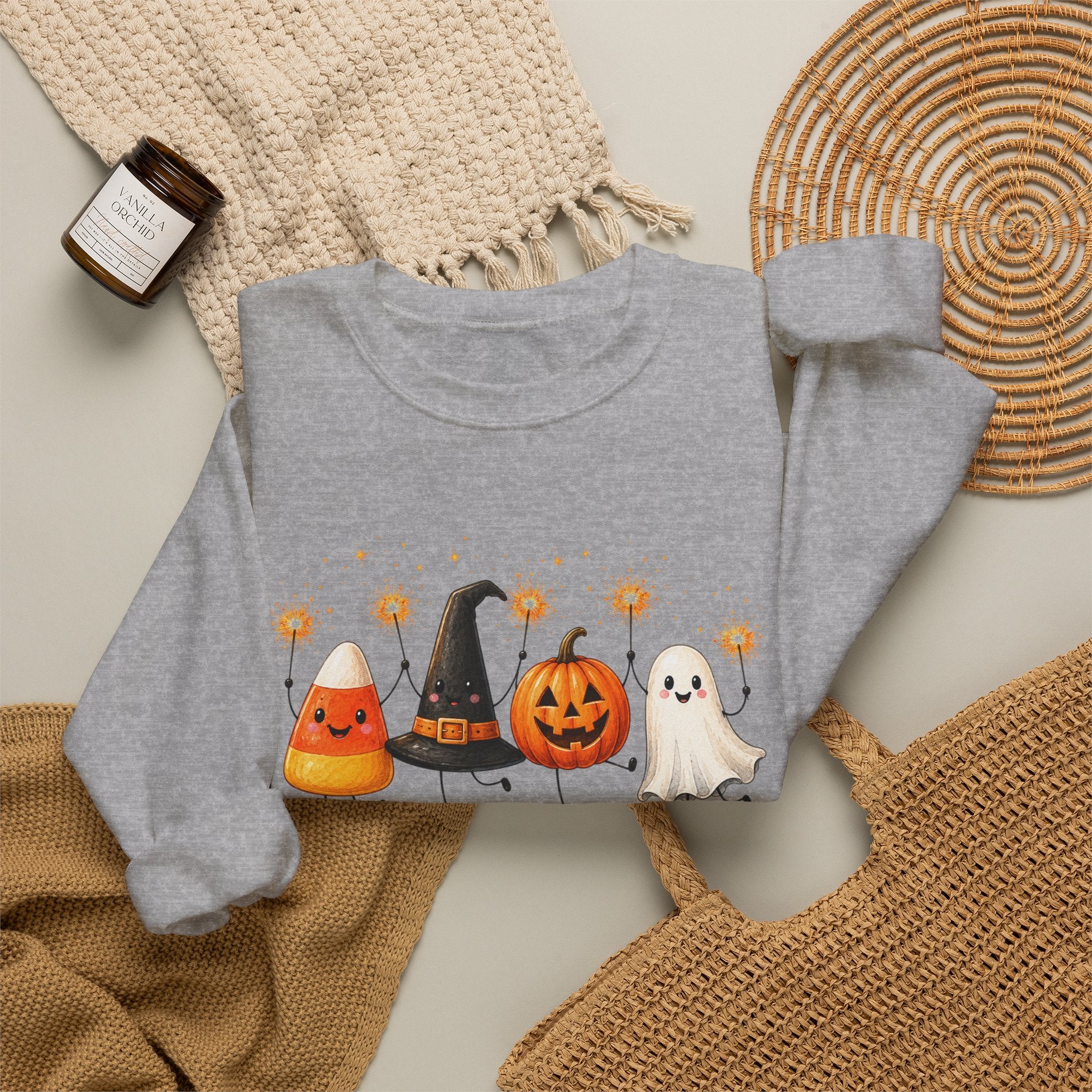 Halloween Friends Crewneck Sweatshirt — Cute Candy Corn, Witch Hat, Jack-o'-Lantern & Ghost Design