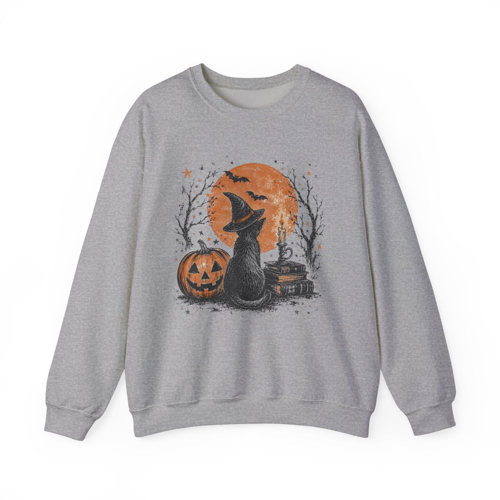 Crewneck Sweatshirt — Halloween Cat Witch Moon Graphic