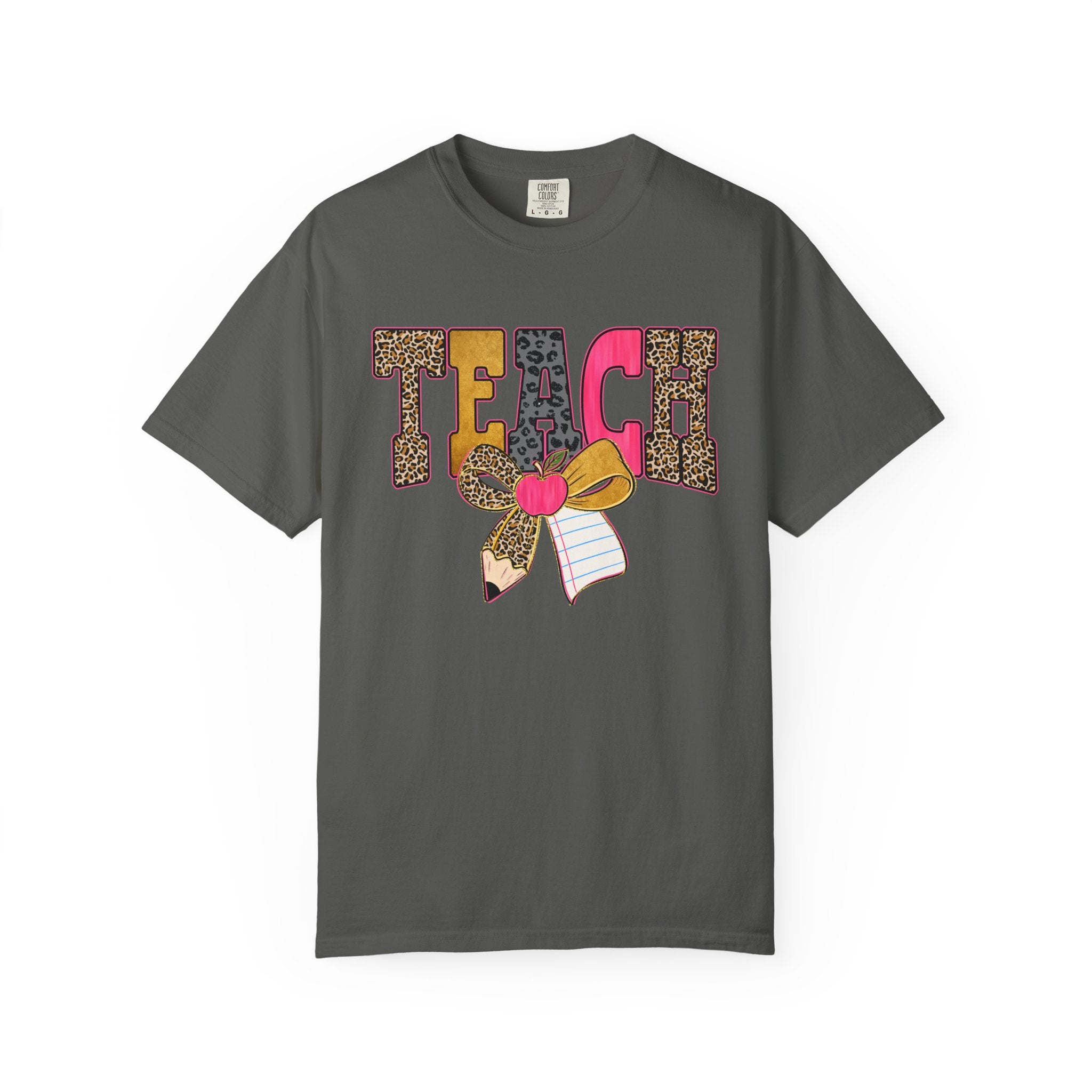 Teacher Graphic Tee — 'TEACH' Leopard Print Pencil Bow Design