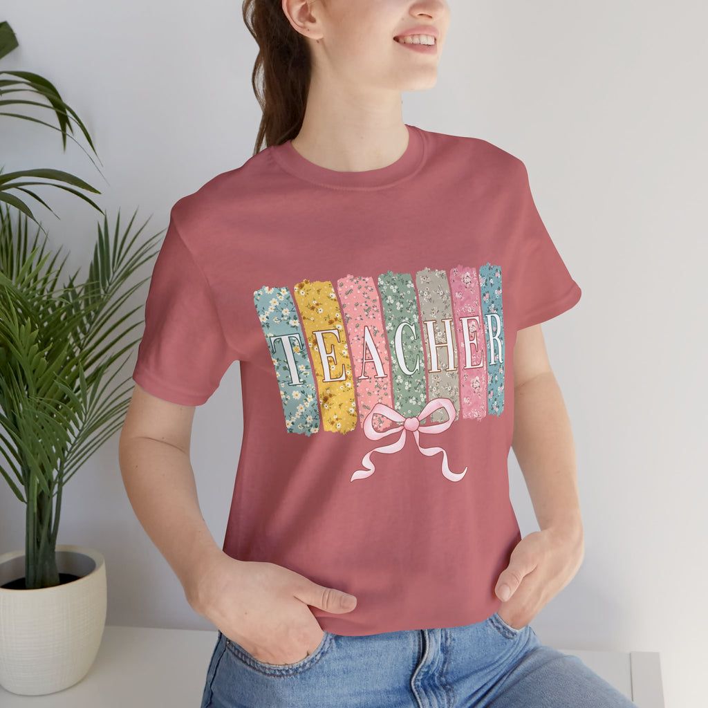 Teacher Floral Stripe T-Shirt - Pastel Ribbon Classroom Gift