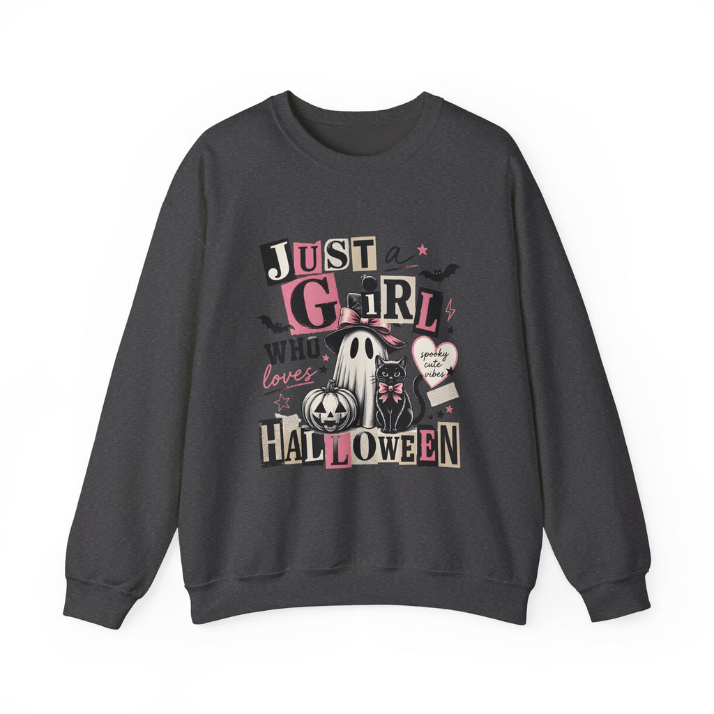 Halloween Sweatshirt — "Just a Girl Who Loves Halloween" Cute Ghost & Pumpkin Crewneck