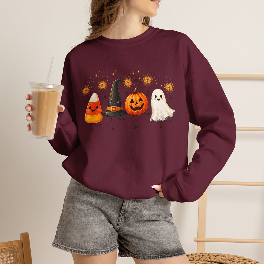 Halloween Friends Crewneck Sweatshirt — Cute Candy Corn, Witch Hat, Jack-o'-Lantern & Ghost Design