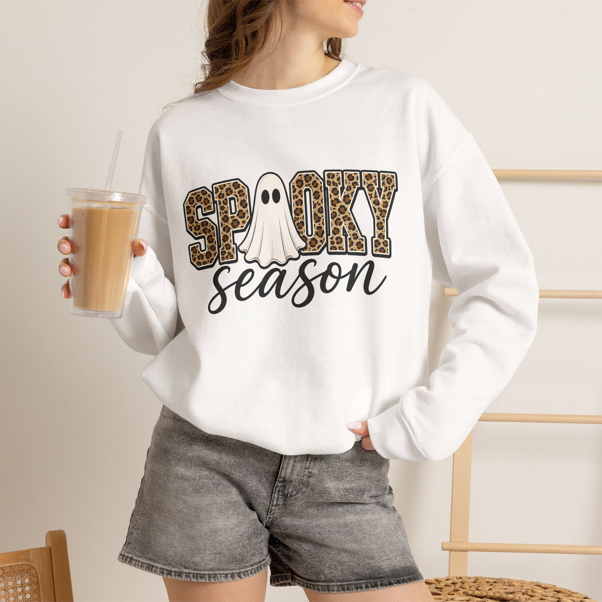 Spooky Season Sweatshirt - Leopard Print Ghost Halloween Crewneck