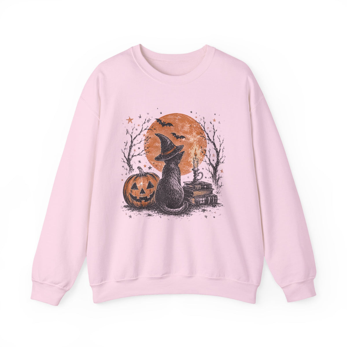 Crewneck Sweatshirt — Halloween Cat Witch Moon Graphic
