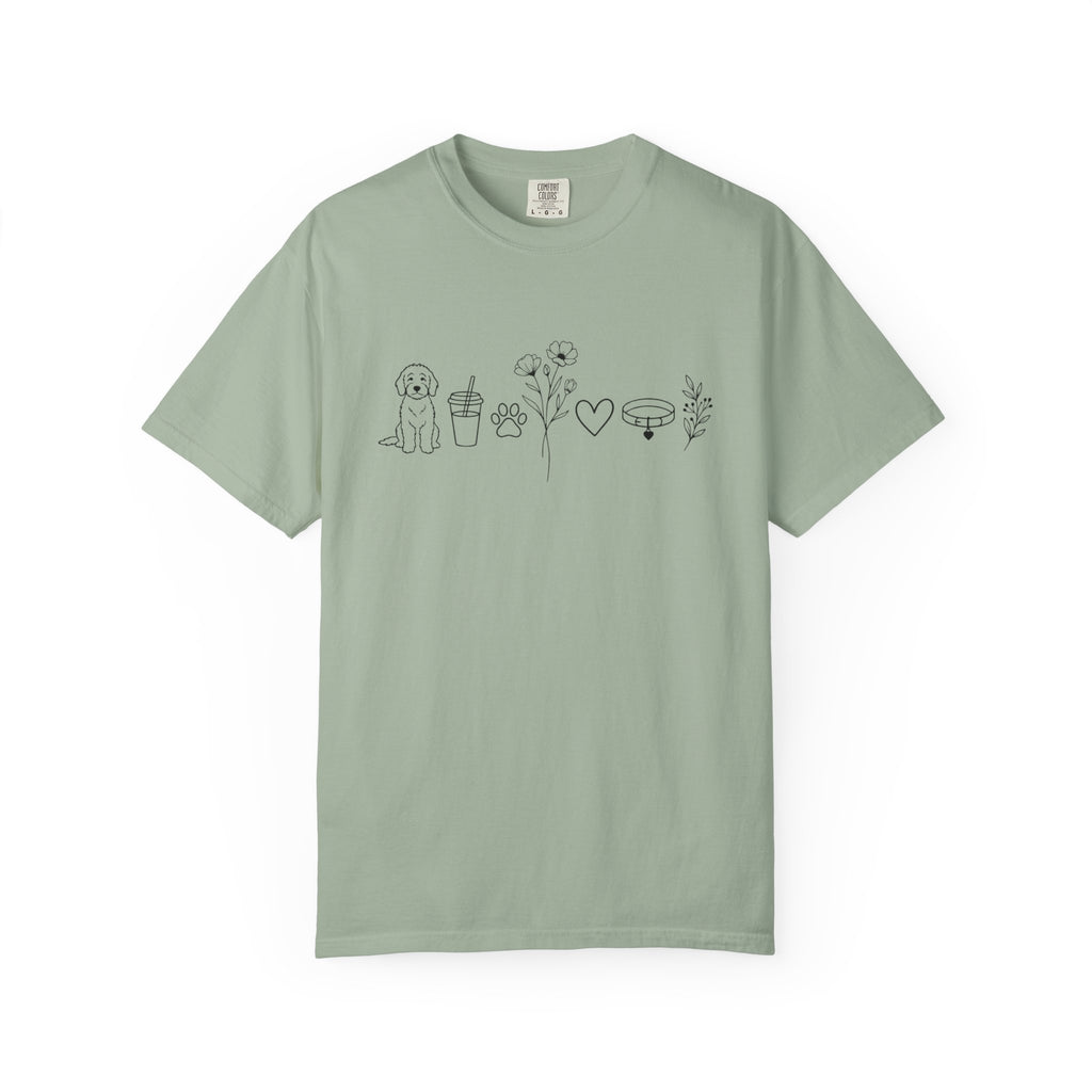 Minimal Doodle and Floral Icons T-Shirt — Coffee, Plants & Dog Line Art Tee