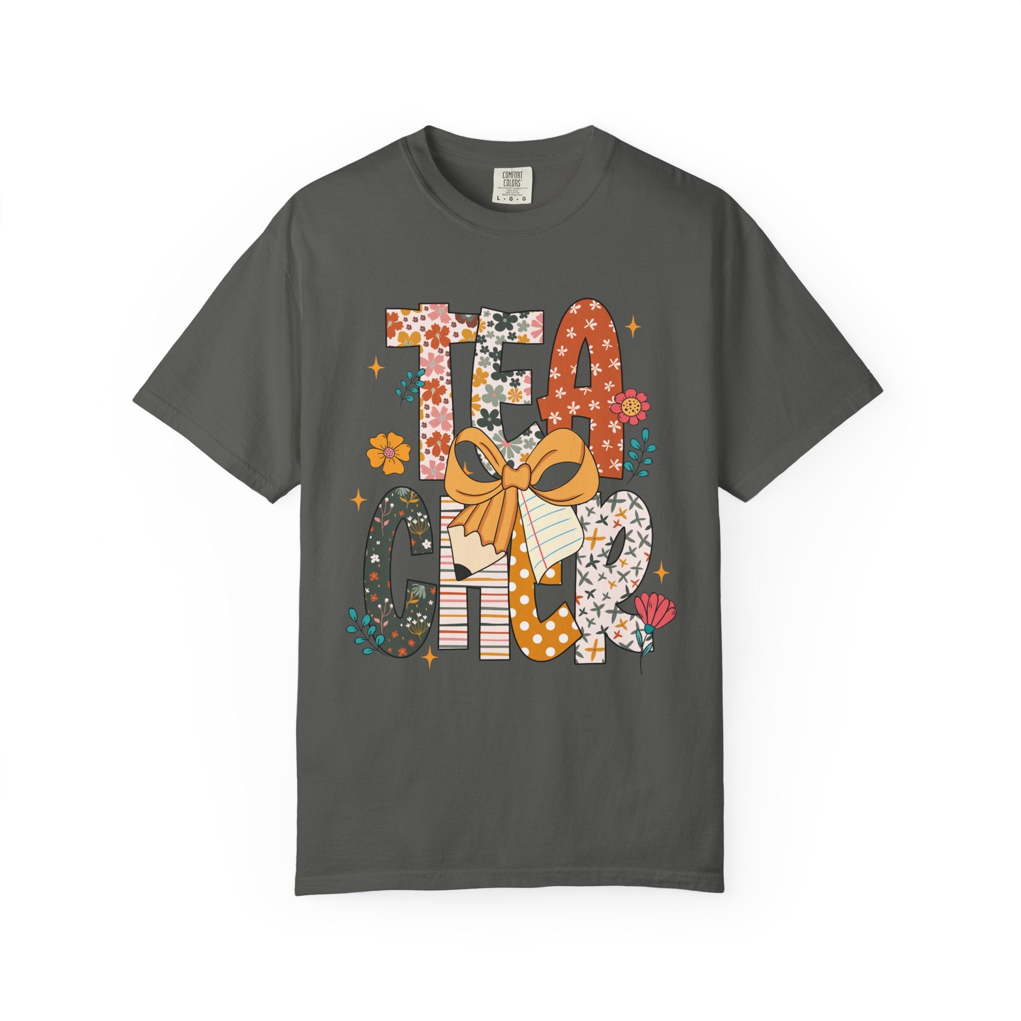 Teacher Graphic T-Shirt — Floral "Teacher" Design with Ribbon