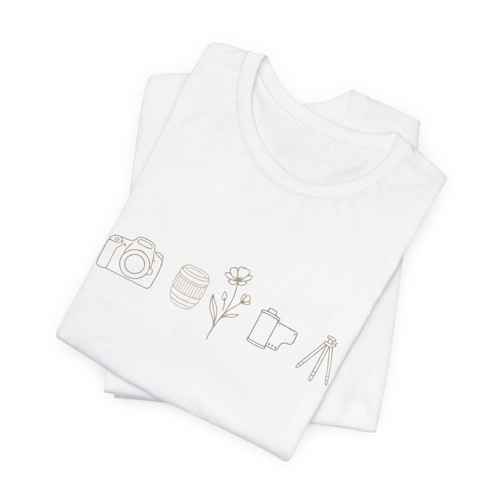 Photography Icons Tee — Minimal Camera, Film, Flower & Tripod Graphic Shirt