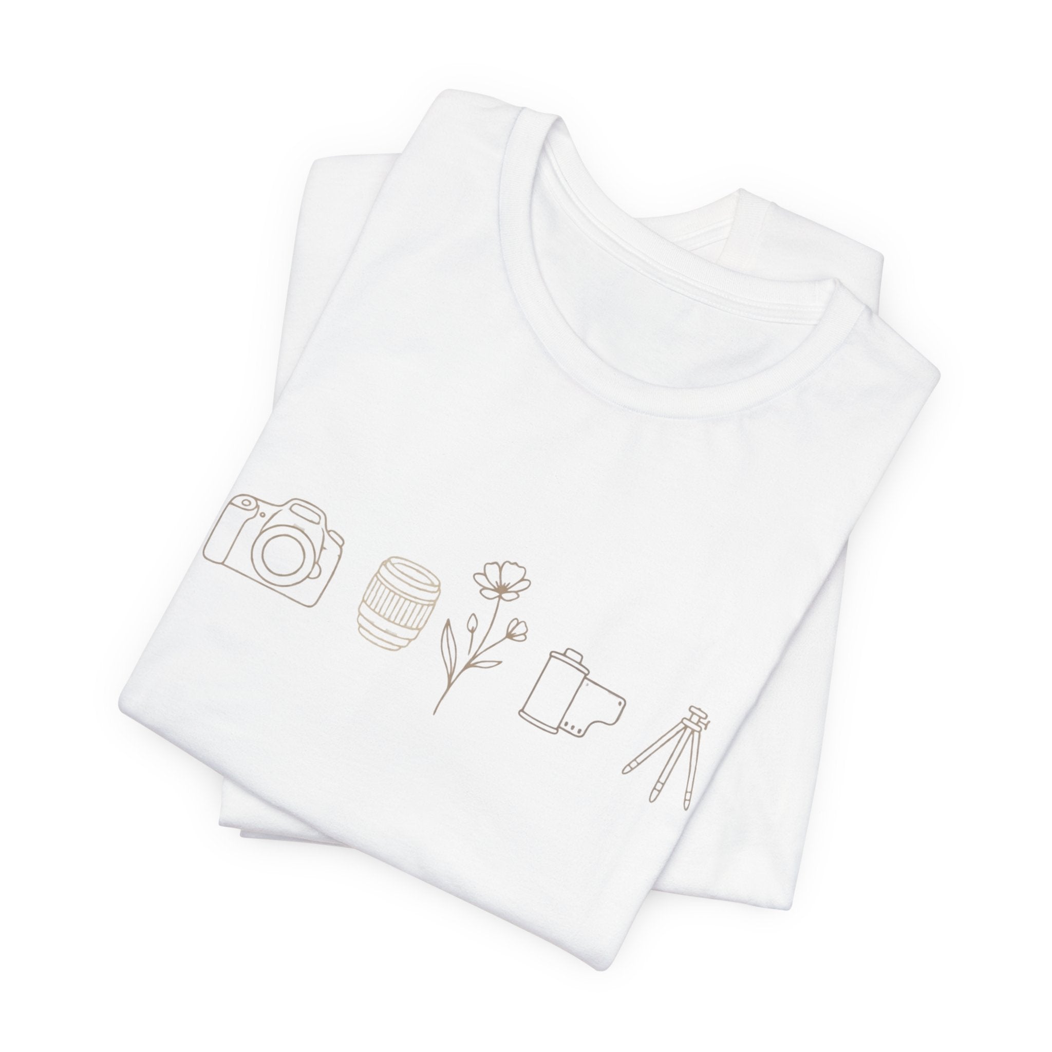 Photography Icons Tee — Minimal Camera, Film, Flower & Tripod Graphic Shirt