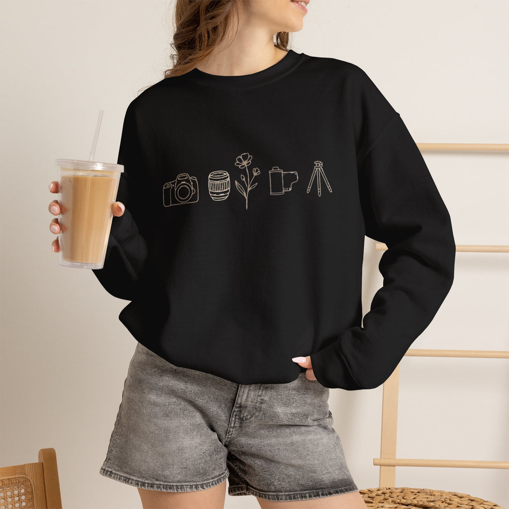 Photography Icons Crewneck Sweatshirt — Minimal Camera, Lens, Film & Tripod Design
