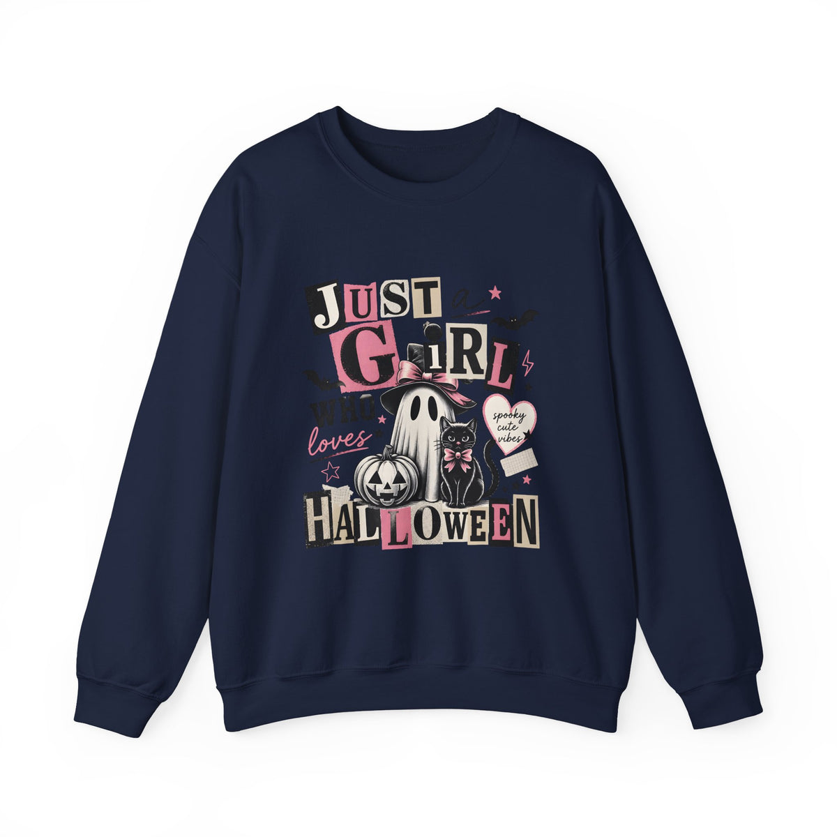Halloween Sweatshirt — "Just a Girl Who Loves Halloween" Cute Ghost & Pumpkin Crewneck
