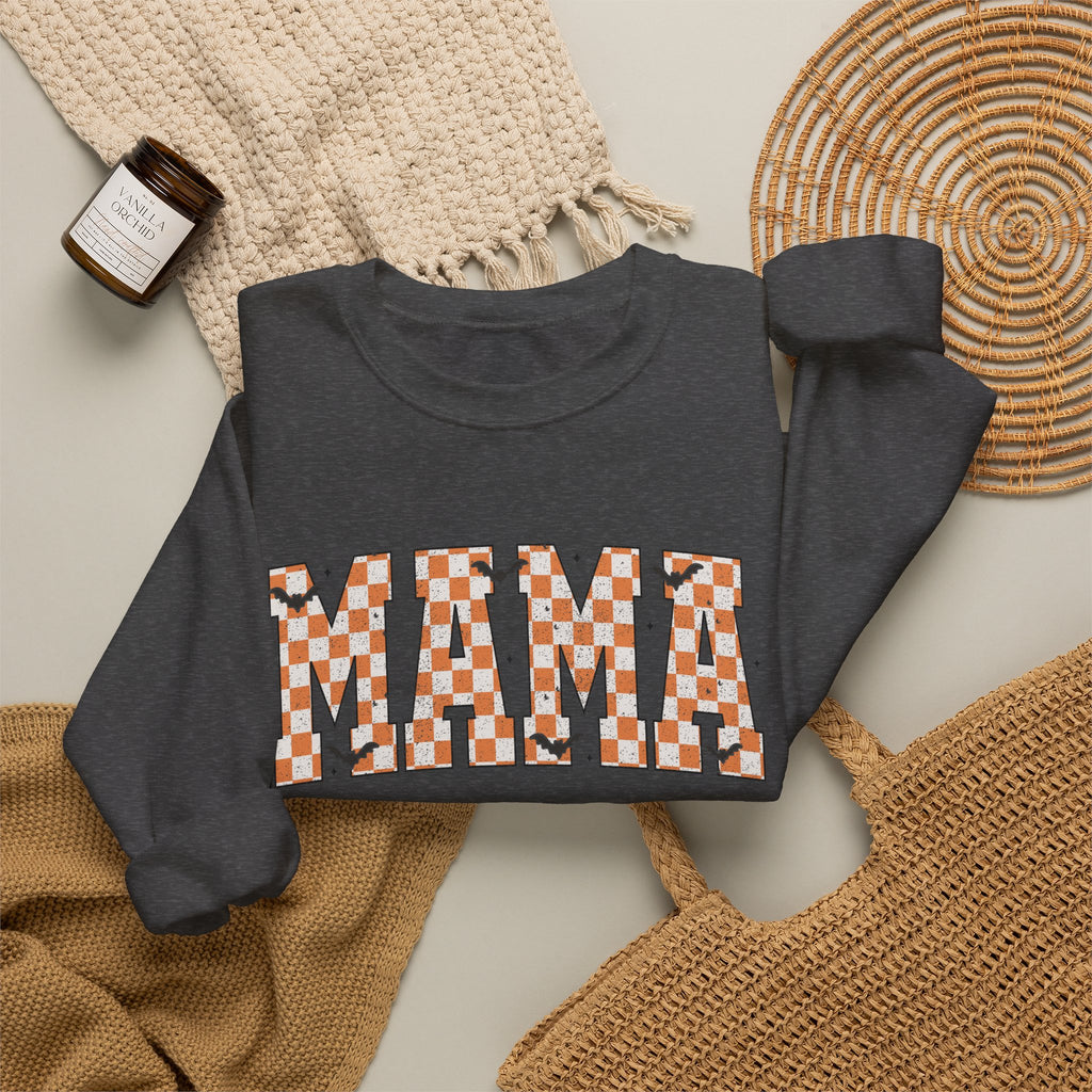 Mama Checkerboard Halloween Sweatshirt – Retro Orange Plaid Mama Pullover