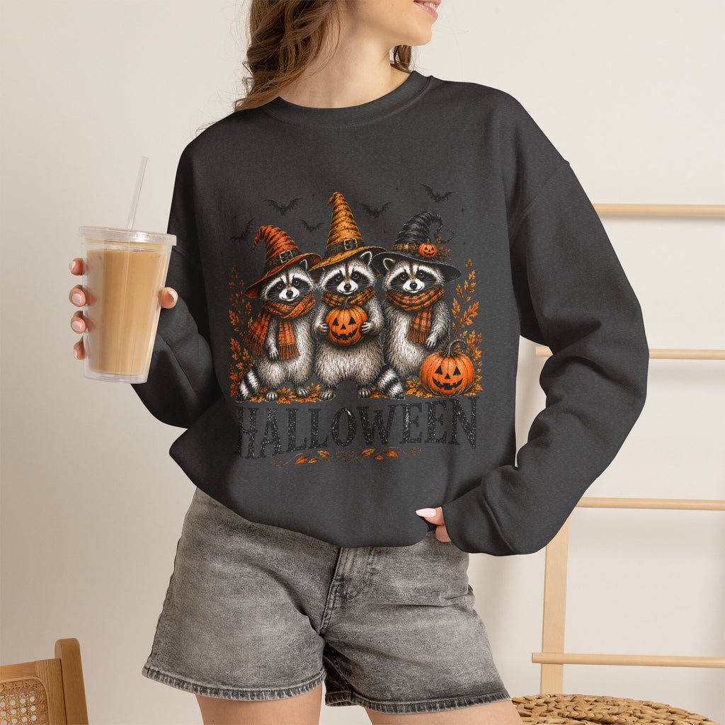 Halloween Raccoon Crewneck Sweatshirt — Cute Witch Hats & Pumpkin Design