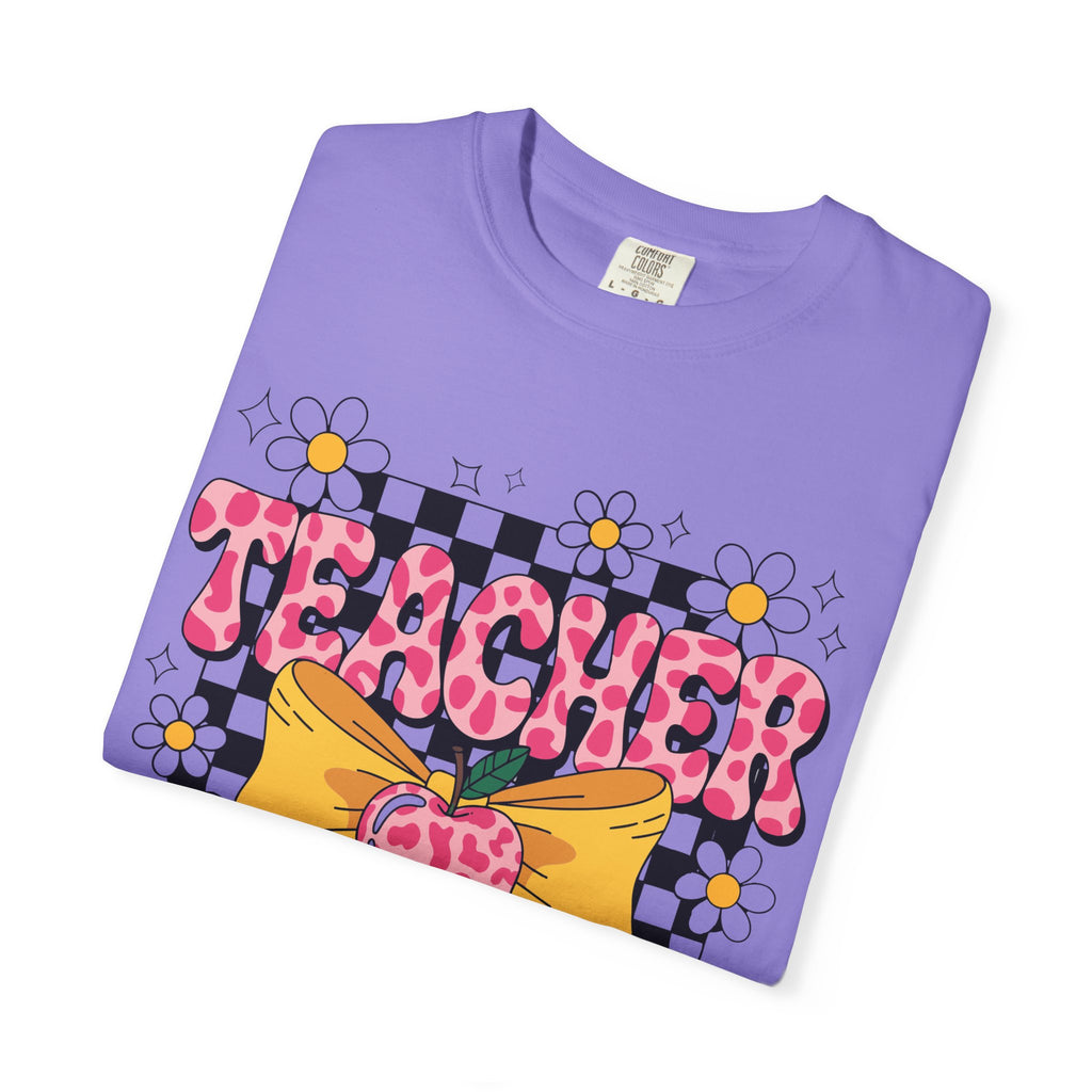 Teacher Floral Bow T‑Shirt — Cute Checkerboard & Heart Design for Educators