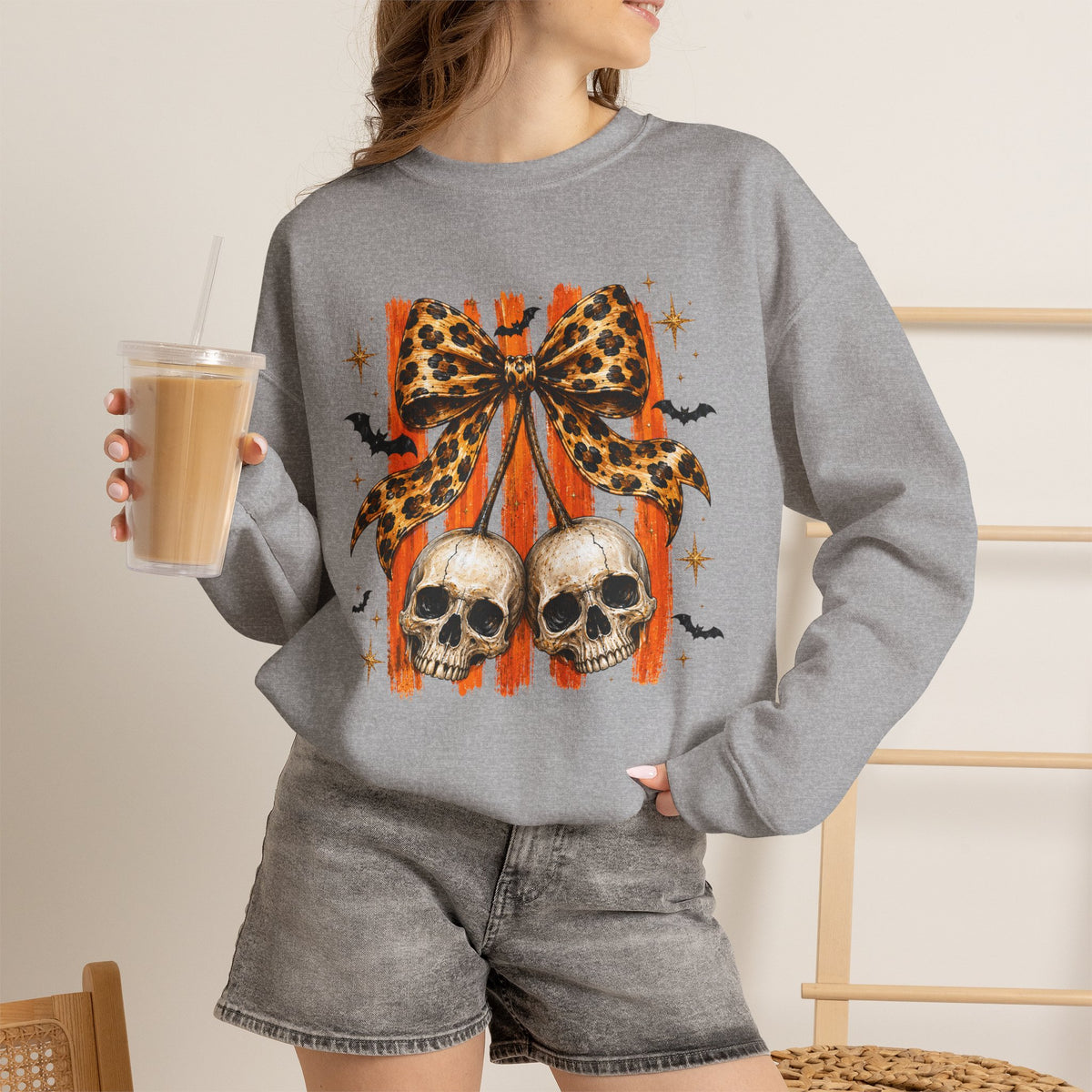 Skull Bow Sweatshirt — Leopard Bow Halloween Crewneck