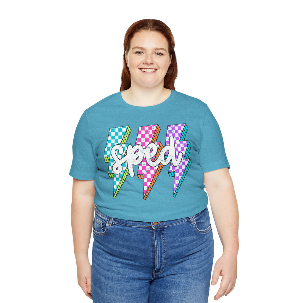 Speed Lightning Tee — Retro Checkerboard Bolt Graphic T-Shirt