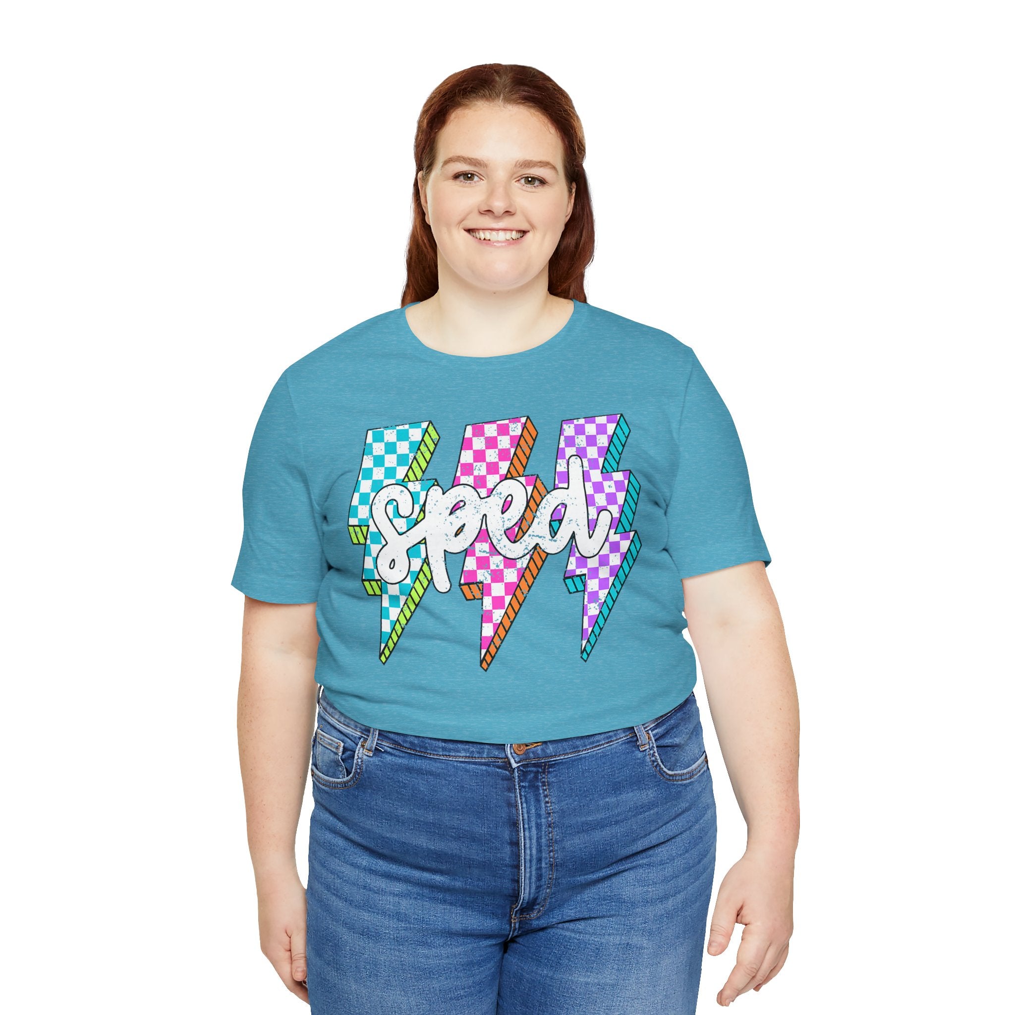 Speed Lightning Tee — Retro Checkerboard Bolt Graphic T-Shirt