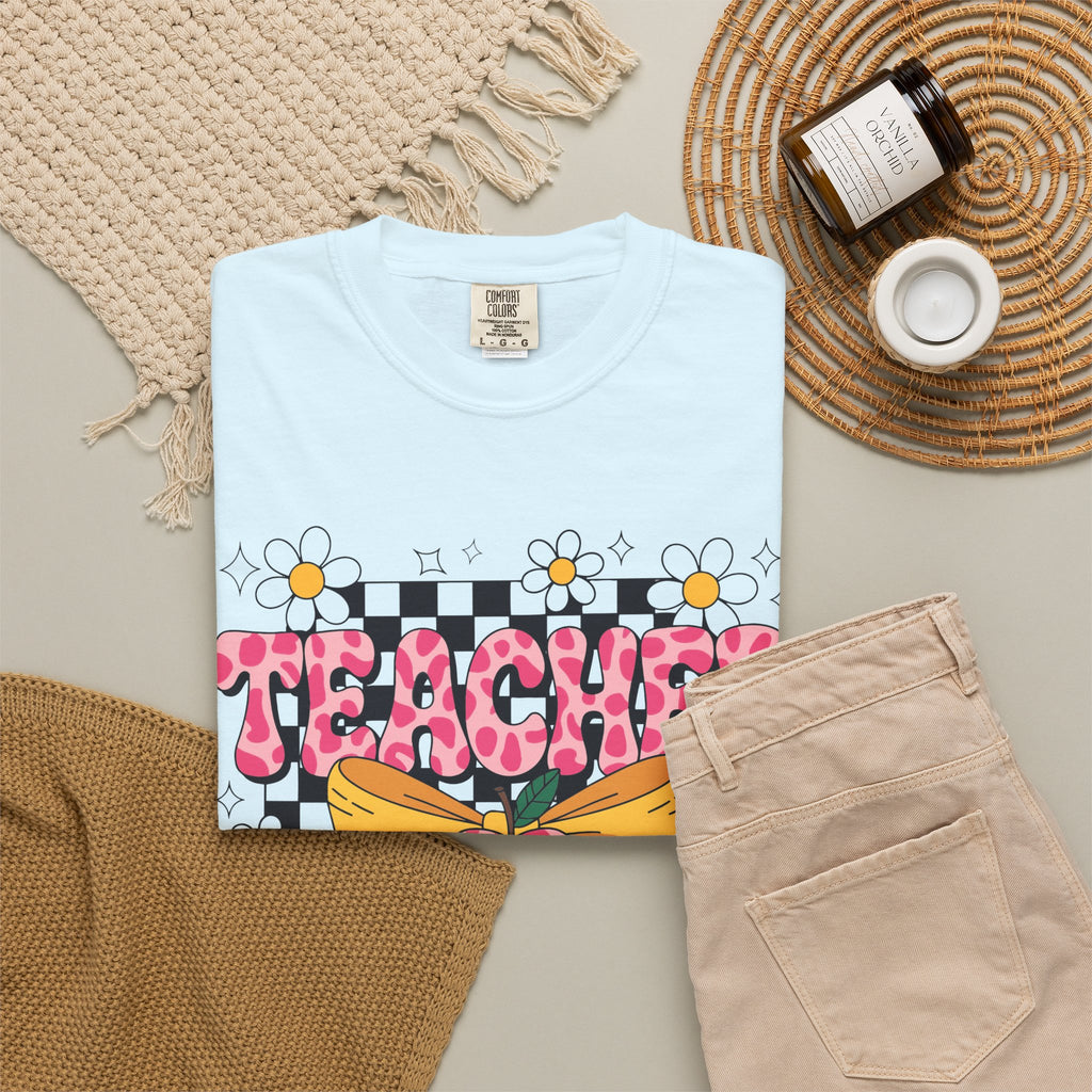 Teacher Floral Bow T‑Shirt — Cute Checkerboard & Heart Design for Educators