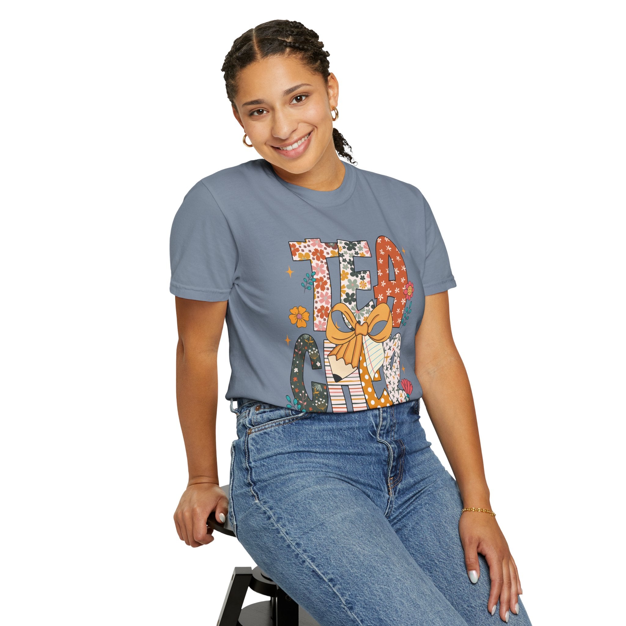Teacher Graphic T-Shirt — Floral "Teacher" Design with Ribbon