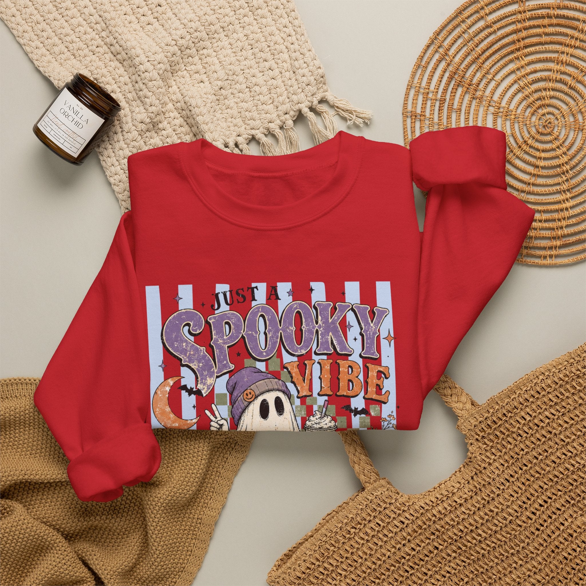 Spooky Vibe Crewneck Sweatshirt — Cute Halloween Ghost Pumpkin Graphic
