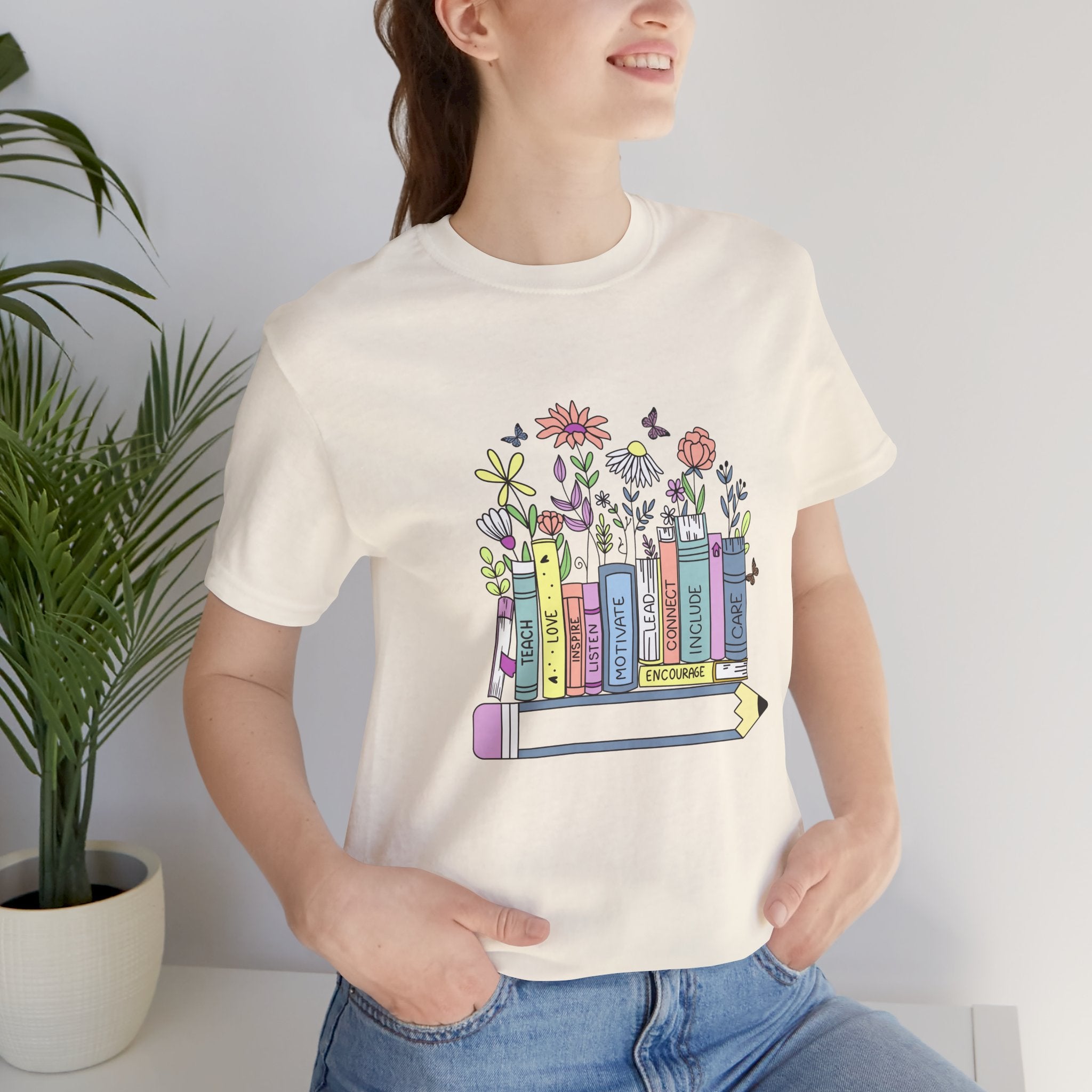 Book Lover T‑Shirt — Teacher Floral Books & Pencil Illustration Tee