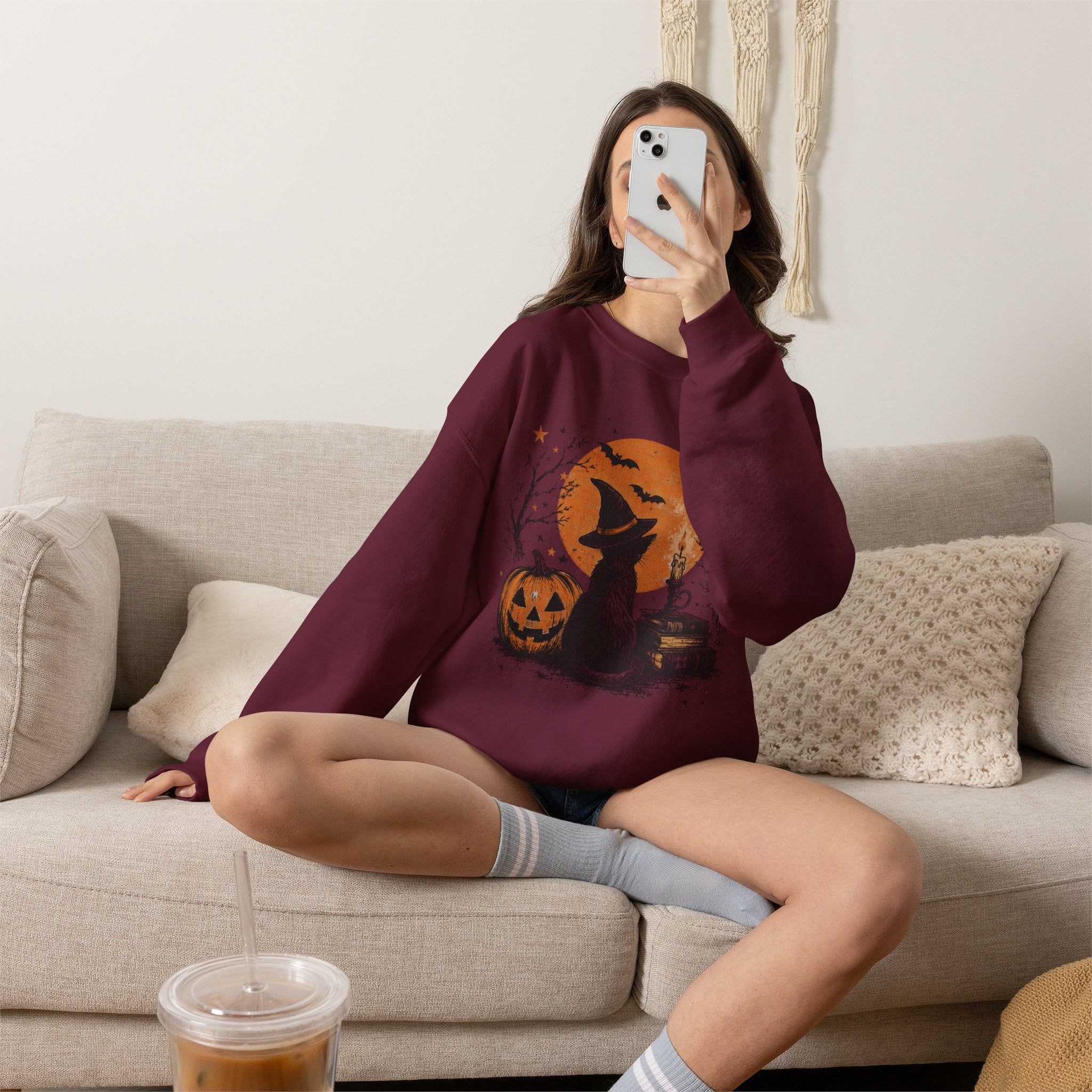 Crewneck Sweatshirt — Halloween Cat Witch Moon Graphic